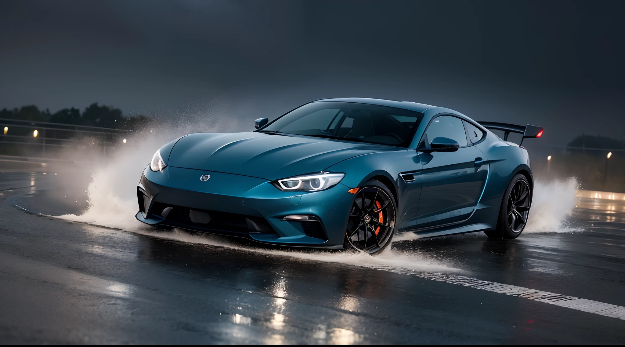 "Describe a sports car in the midst of a rainstorm with thunder and lightning. The car's contours, sleek and aerodynamic, shimmer with raindrops as heavy rain pours down. Each raindrop glistens as it streams down the car's glossy surface, emphasizing its elegant design. The car's tires navigate through puddles on the rain-soaked road, creating ripples in the water. Suddenly, a brilliant bolt of lightning streaks across the sky, illuminating the entire scene. The accompanying clap of thunder adds an exhilarating and dramatic element to the experience. The driver grips the steering wheel, feeling the adrenaline rush as the car's tires grip the wet road, demonstrating its handling prowess even in challenging conditions. The contrast between the car's power and the forces of nature is a thrilling spectacle, with the stormy ambiance providing a dramatic backdrop for this sports car's performance." THE COLOR OF THE CAR IS BLUE DEEP, BLUE COLOR CAR