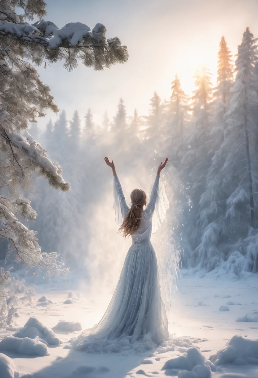 Cold winter,The girl raised her hands in the air,Pour hot water into the sky,Splash the water into the sky,A beautiful spectacle of ice mist was formed,The girl looked up at the beautiful ice mist,In the background is a pine forest covered in snow,Heavy snow covered the jungle,The pine trees are full of ice flowers,ultra-realistic realism,Excellent photography,Professional light and shadow effects,The splash of water splashing into the sky unfolds in an elegant arc of ice mist,The sun shines through the ice mist,Shine brightly,brilliant colorful,The setting sun dyes the snow-capped pine forests golden,Beautiful young wind spirit, Ice Princess, Crystal clear ice mist,Beautiful digital artwork, ethereal essence, A witch who casts ice mist, glowing lens flare wraith girl,ryan dyar, winter vibes, marc adamus, author:Matthias Wescher, author:Franz Hergi, Snow, author:Karl Stover-Bern, author:Sebastian Spoon, Fog blanket, winter setting, author:Wolfgang Zelmer, magical white fog, beautiful snowy landscape, author:Adrian Zingg