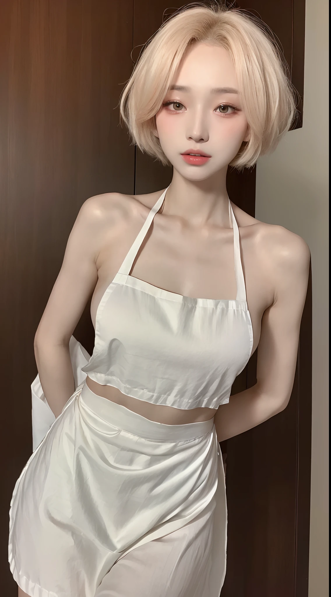 ((Top Quality, 8k, Masterpiece: 1.3)), 1 girl, Beauty with slender abs: 1.3, (Medium Short Hair, Big: 1.2), Naked Apron: 1.1, Ultra Detailed Face, Detailed Eyes, Double Eyelids