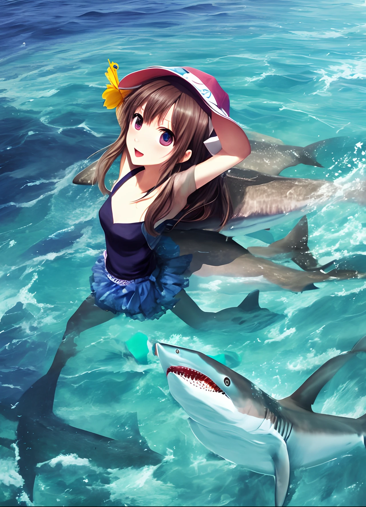 (a girl playing with sharks,ocean waves,blue coral reef,deserted island beach),[illustration,photorealistic],dazzling sunlight,crystal clear water,sparkling sand,breezy palm trees, vibrant marine life,endless horizon,adventure,wild,summer vibes,colorful fishes,shimmering reflections, 4k resolution, high definition, masterfully detailed sharks, joyful laughter, fearlessness