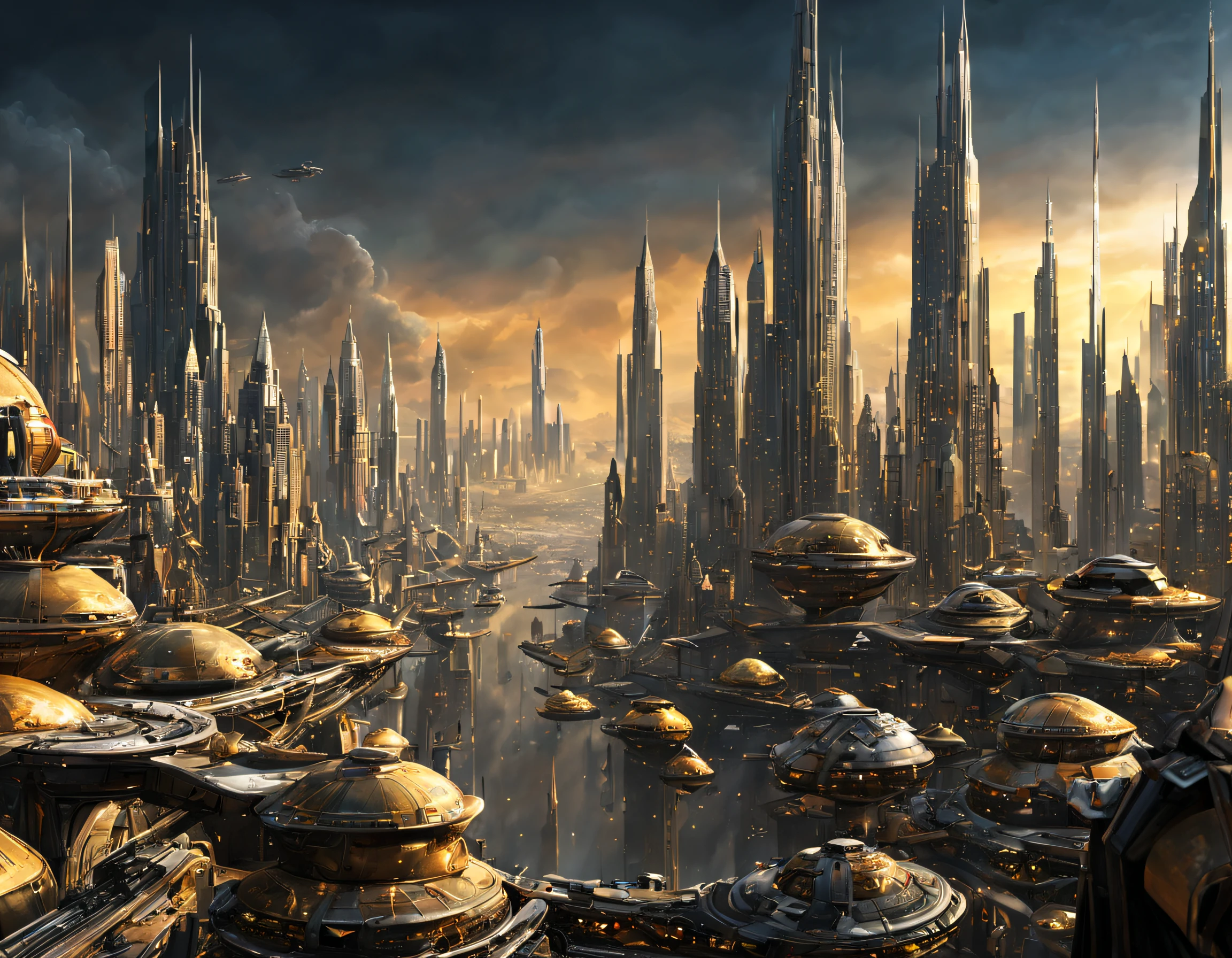The city of Coruscant from Star Wars as designed by Doug Chiang, futuristic fantasy city with immense buildings of technological design (que forman una avenida infinita), edificios compactor no difuminados, con estructuras acristaladas en plata, oro y bronce espectaculares, (con colores vivos). pavimento ensolado (sin brillo). gente paseando. imagen bien definida con muchos edificios juntos. imagen nitida bien definida 8k. los edificios llegan alta el fondo.,8k. imagen cinematografica. ambiente soleado amarillo-anaranjado. (intrincados detalles de la maquina).