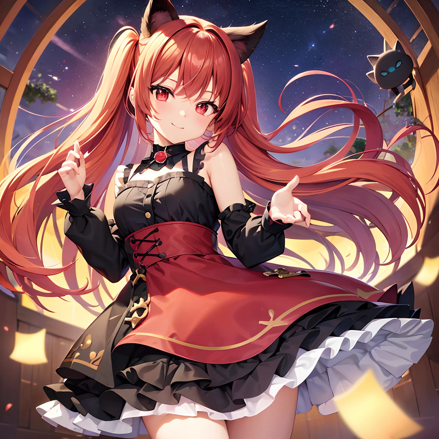 Anime filling,Two-dimensional illustration,Red hair,Half Twin Tail,shorth hair,Big eyes,A smile,a beauty girl,cute little,Super Cute,Black cat ears,Red Eyes,Ruffled Clothes,Alice in Wonderland Clothes,Inner colorGreen,One girl,Full body painting,A masterpiece of 2D art,(​masterpiece,Top image quality:1.3),(detaile:1.2),(女の子1人),Standing picture