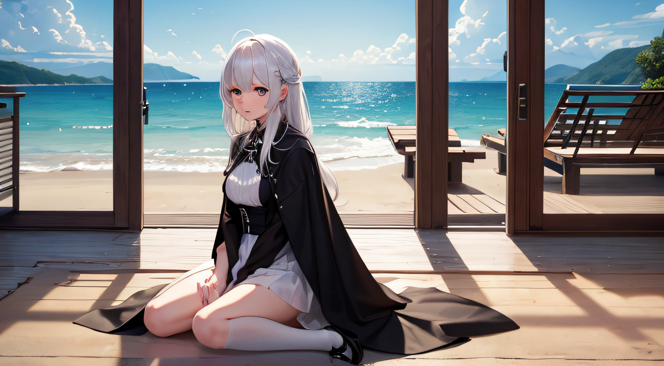 Meisterwerk, best quality, Ultra-detailliert, Illustration,, hanekawakurzhaar, 1girls, full entire body, , Schwarze Augen, mehrfarbiges Haar, schwarzes Haar, White hair,, Badeanzug,, Detaillierter Hintergrund, mksts-Stil, Strand, Sonnenuntergang,