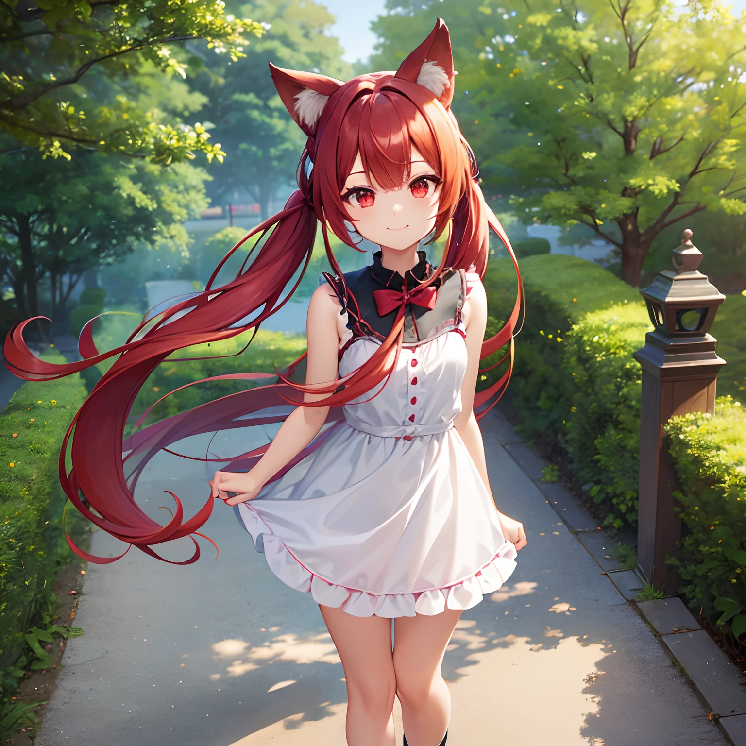 Anime filling,Two-dimensional illustration,Red hair,Half Twin Tail,shorth hair,Big eyes,A smile,a beauty girl,cute little,Super Cute,Black cat ears,Red Eyes,Ruffled Clothes,Alice in Wonderland Clothes,Inner colorGreen,One girl,Full body painting,A masterpiece of 2D art,(masterpiece,Top image quality:1.3),(detaile:1.2),(1人),Standing picture
