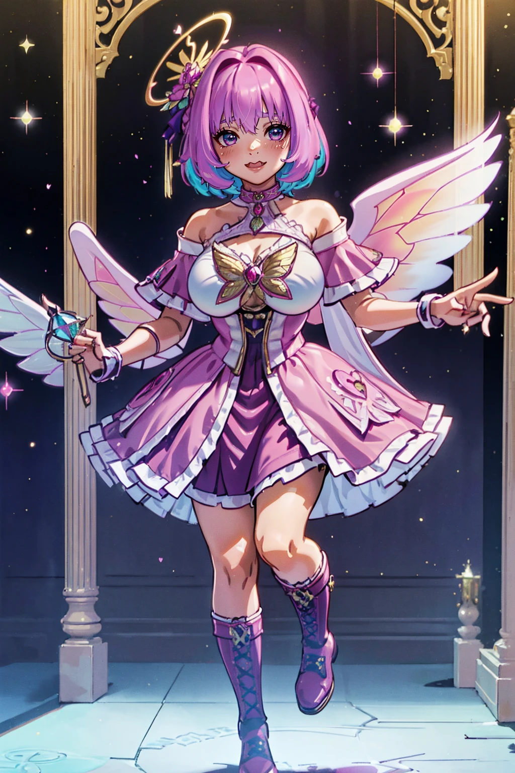 (best quality,masterpiece:1.2),intricate details,beautiful detailed eyes,beautiful detailed lips,extremely detailed eyes and face,longeyelashes,riamu, modeseven,super curvy,comic style,vibrant colors,standing,innocent, full body, standing, smile, princess dress, noble clothing, holy angel magicalgirl, open mouth fang, holy haura, halo, smile, joyfull, paladin, staff holding, full body , boots, standing,cute,breast, curvy, female,fantasy goddess,there is a cartoon picture of a woman with a very large breast, glowing angelic being, glowing holy aura, inspired by Luma Rouge, the non-binary deity of spring, ethereal rainbow nimbus, the butterfly goddess of fire, inspired by Marie Angel, glowing aura around her, astral fairy, as the goddess of the sun, “uwu the prismatic person, big breast, happy, beautiful eyes, , full body, walking, long robe, long dre, catgirlss, nun, priestess ,holy, smile