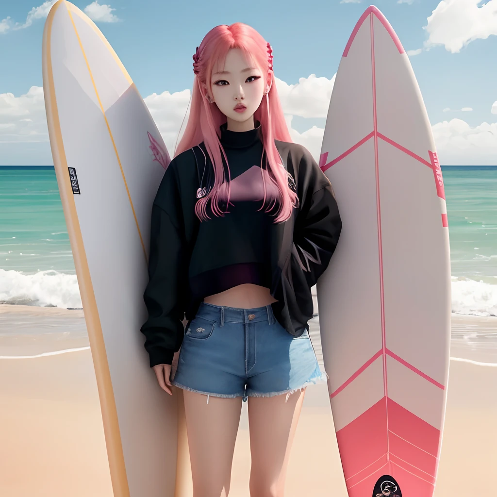 Blackpink's rosé with long blonde hair with a surfboard