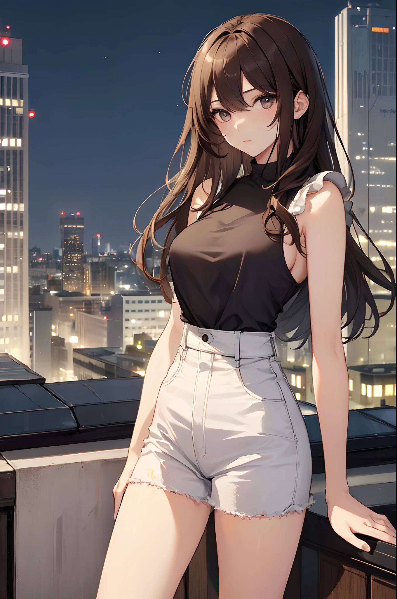 ((Midnight, Best quality, 8k, Masterpiece :1.3)), Whole body, Long legs, Sharp focus :1.2, A pretty woman with perfect figure :1.4, Slender abs :1.1, ((Dark brown hair, Big breasts :1.2)), (White tight tshirt, Jean bib, Standing:1.2), ((Night city view, Rooftop:1.3)), Highly detailed face and skin texture, Detailed eyes, Double eyelid