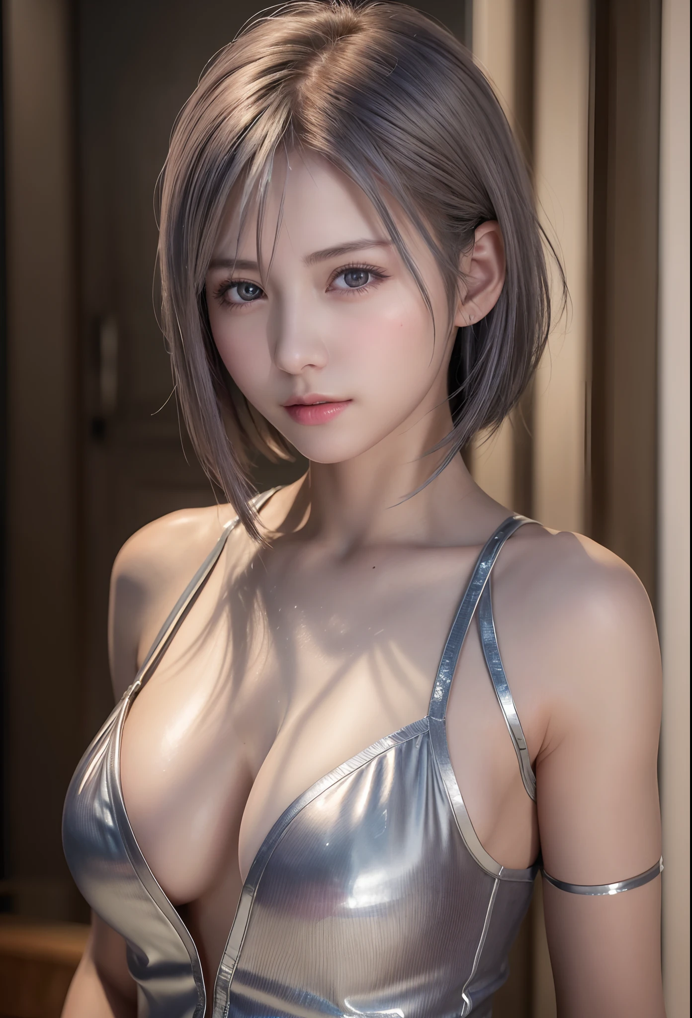 (8K, Photorealistic, Raw photo, of the highest quality: 1.3), (1girl in), Super beautiful, (Realistic face), (boyish, Silver Color Berry Shorthair), Beautiful , Glare that captivates the viewer, Beautiful expression, Beautiful breasts, (Realistic skin), Beautiful...