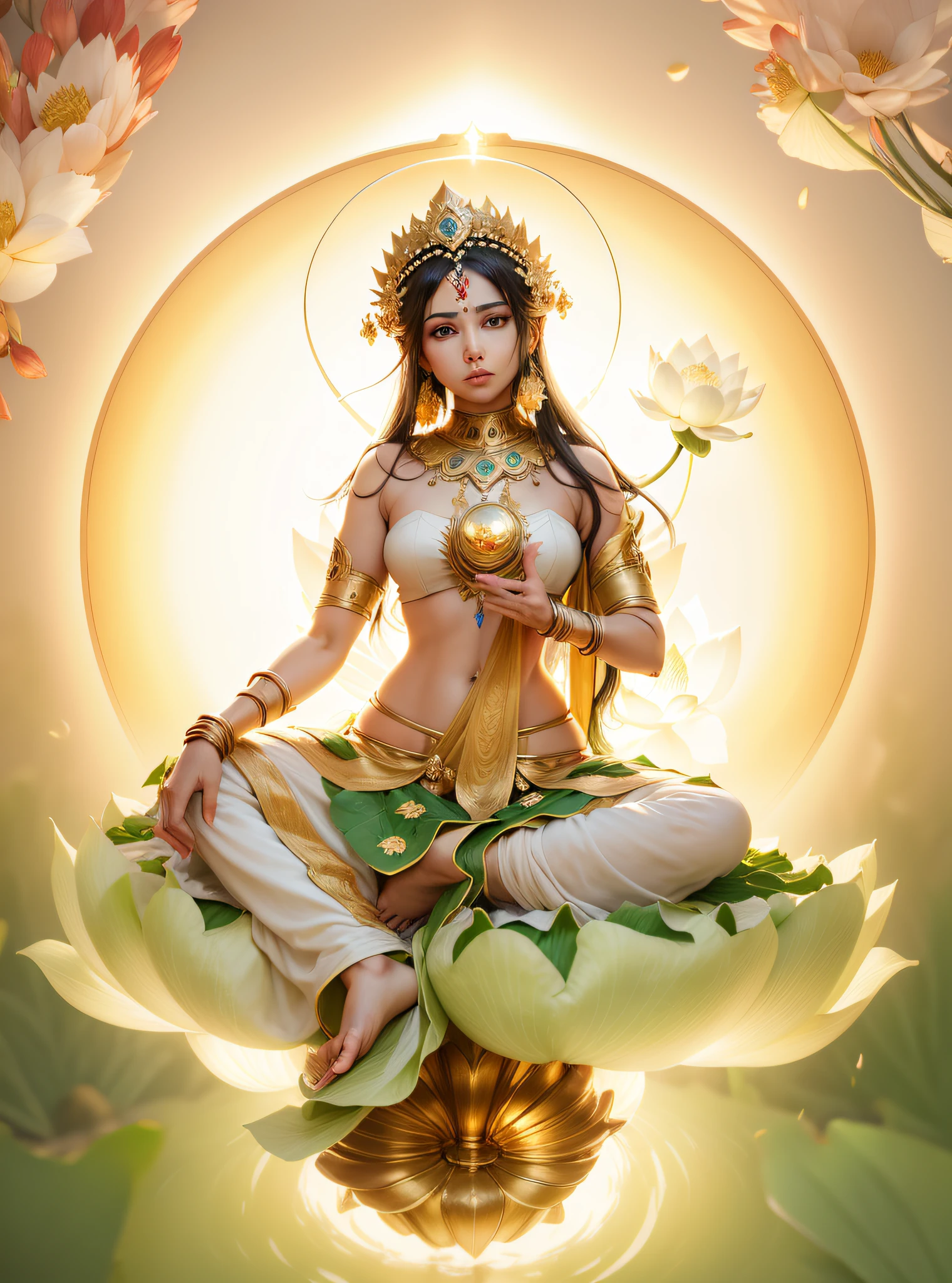 Woman sitting on a lotus,guanyin of the southern seas,Guanyin,contented female bodhisattva,jade sculpture,bodhisattva,queen of the sea mu yanling,serene,Serene expression,shui mo hua,Buddha,Buddhist,Lotus,Chinese painting style,Thangka style, nsfw --auto