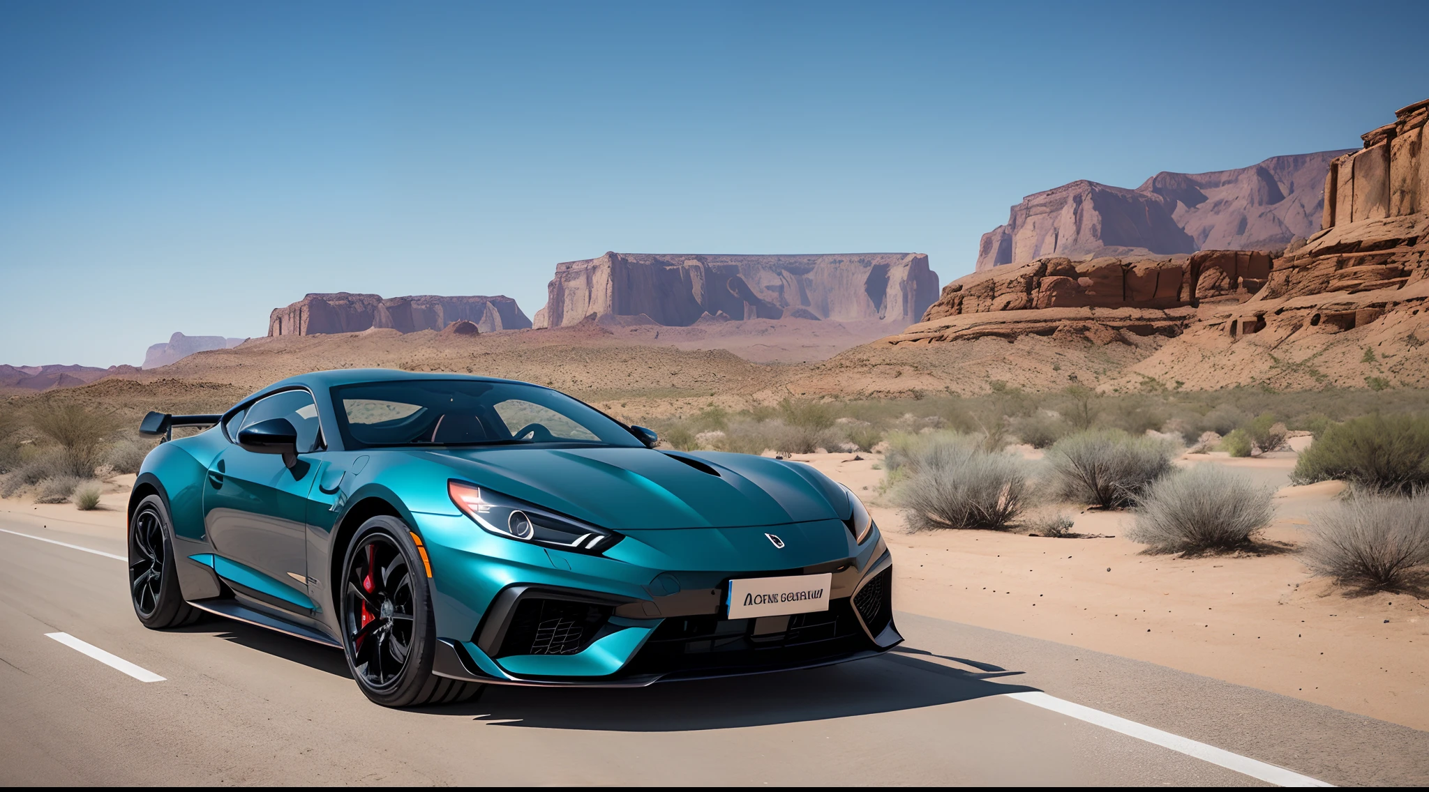 "Describe a black sports car adorned with sleek blue racing stripes, racing through the heart of an oasis. The car's powerful engine roars as it speeds across the desert sands, leaving a trail of dust in its wake. The oasis is a lush, green paradise in stark contrast to the arid surroundings, with palm trees swaying gently and a crystal-clear spring glistening in the sunlight. The view from the car's window is nothing short of spectacular, with a panorama that stretches to the horizon, encompassing the desert's grandeur and the oasis's serenity. As the car effortlessly maneuvers through this tranquil yet surreal setting, it's as if beauty and power have converged in perfect harmony. This scene is a testament to the elegance and speed of the sports car, set against the backdrop of nature's stunning wonder."