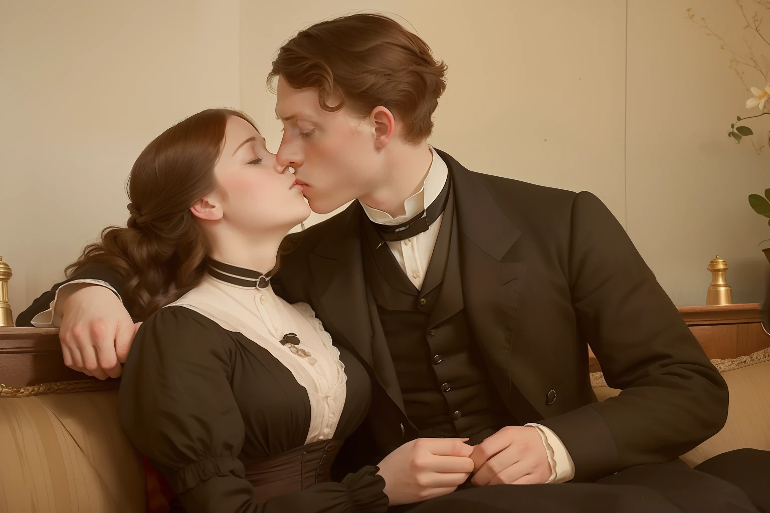 year: 1864. Location: Chicago. Pre-Raphaelite (((21-year-old George MacKay))), with a 24-year-old woman, hotel room, (((kissing))), closed eyes, ((((Clothing from the 1860s)))) ((Hairstyle of the 1860s)), ((("OMITB" cinematography)))