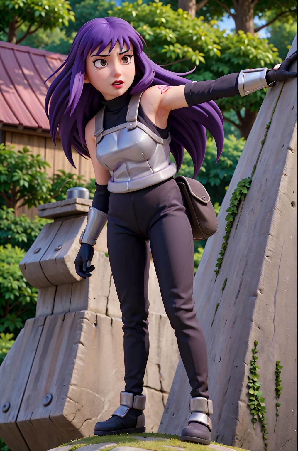 yuugao,1girl,solo,upper body,purple hair, brown eyes,long hair,sidelocks,grey armor,grey arm guards,black elbow gloves,black shirt, sleeveless,turtleneck,purple lips,outdoors, standing on top of a tree,leaves,black pants,red arm tattoo,(best quality, masterpiece:1.2)