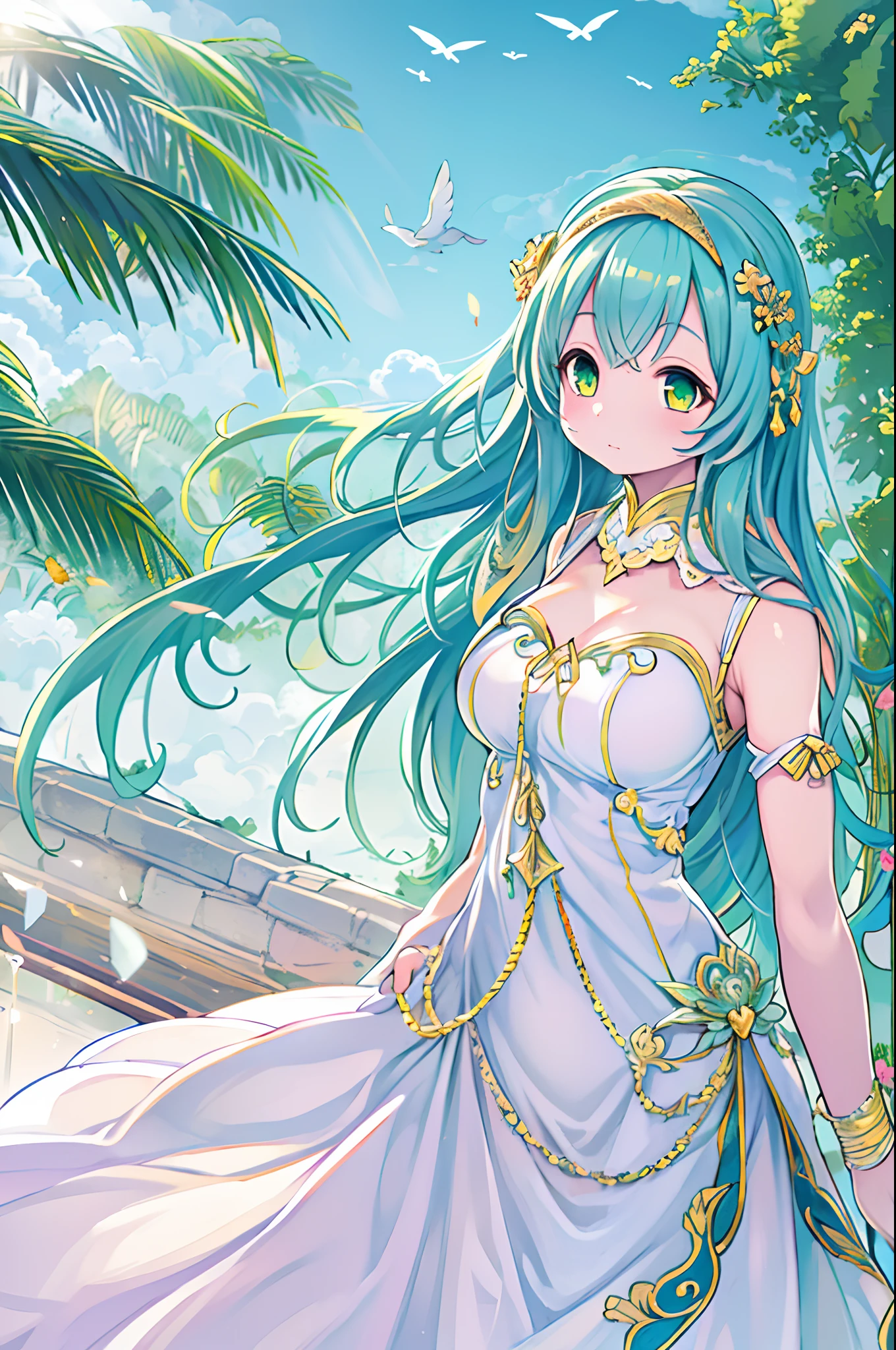 ((masutepiece, Best Quality)),(Illustration),(detailedlight),((extremely delicate and beautiful)),1girl in,Godolphin Arabic,Long hair,Blue hair,Green eyes,Horse ears,Horse Girl,hair_ornament detached,White Dress, Bare shoulders, ,Sleeveless,evening gown,long-one-piece dress,Outdoors, light,Blue sky, Horizon, grass field, Wild