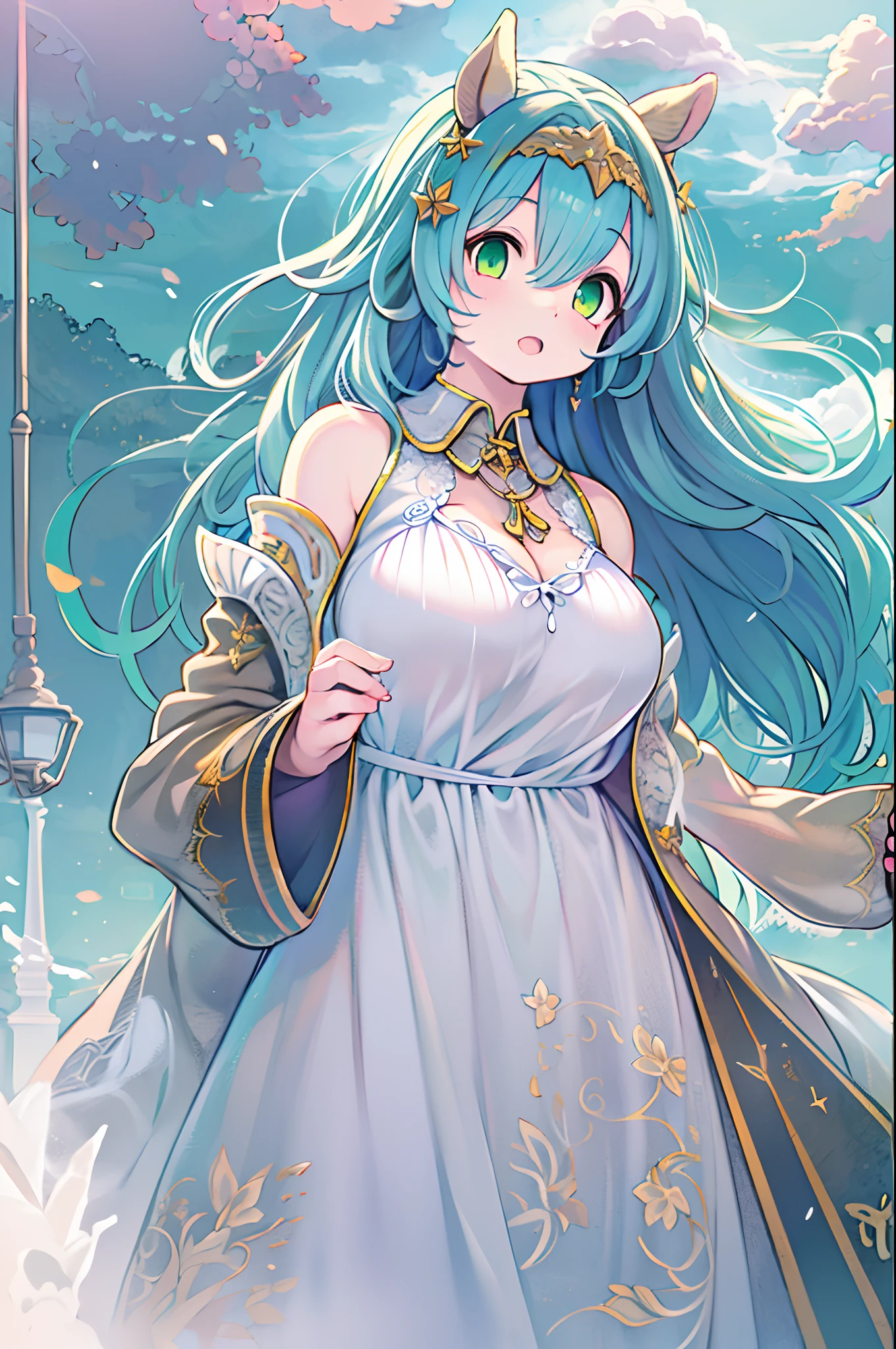 ((masutepiece, Best Quality)),(Illustration),(detailedlight),((extremely delicate and beautiful)),1girl in,Godolphin Arabic,Long hair,Blue hair,Green eyes,Horse ears,Horse Girl,hair_ornament detached,White Dress, Bare shoulders, ,Sleeveless,evening gown,long-one-piece dress,Outdoors, light,Blue sky, Horizon, grass field, Wild