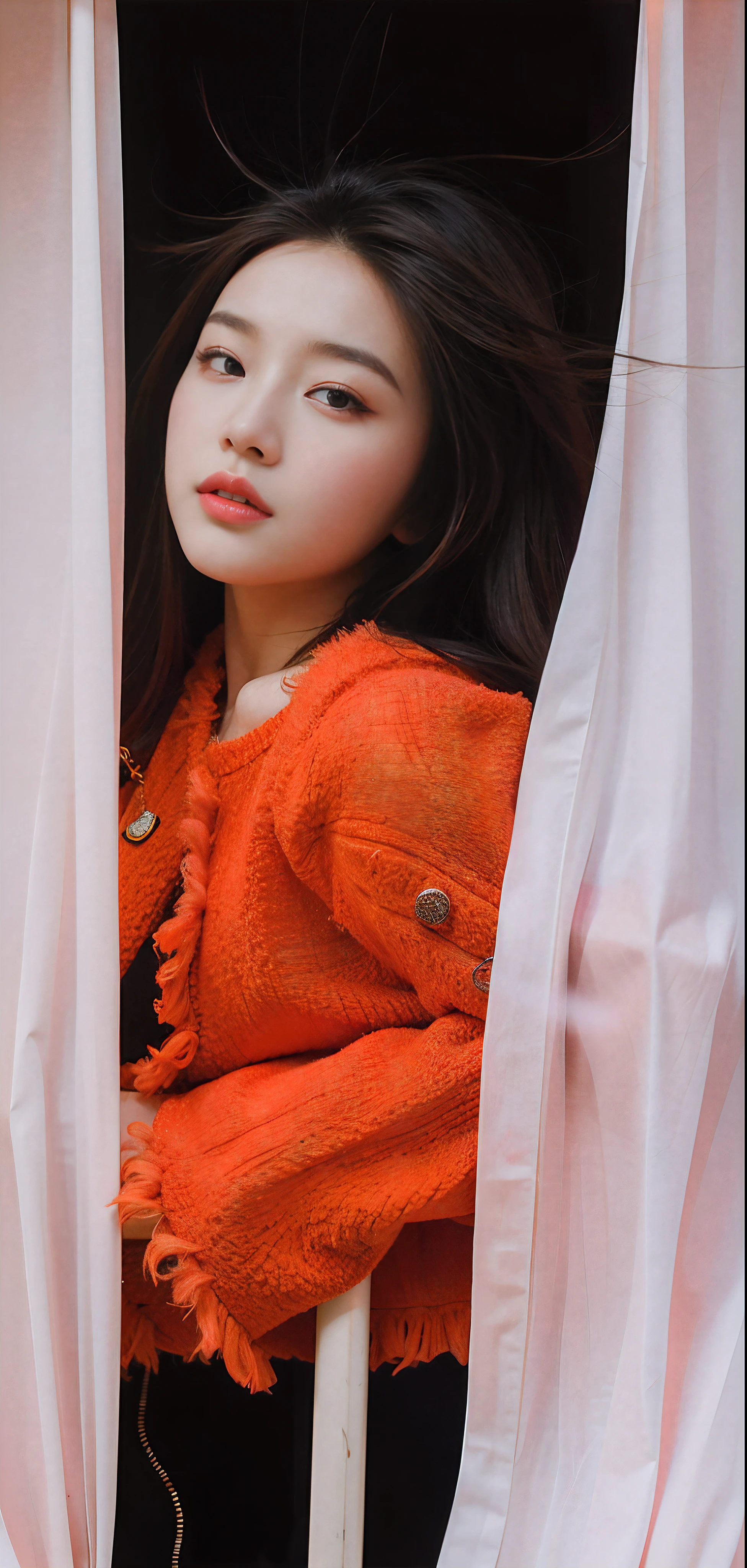 The long-haired woman leaned against the railing，With his eyes closed, bae suzy, On a sunny day, krystal, portrait jisoo blackpink, hot with shining sun, girl wears a red dress, shot at golden hour, Wearing a red cheongsam, Portrait shooting, photoshoot, Album art, ulzzangs, jisoo of blackpink, red velvet, jisoo from blackpink，Open，largeeyes，