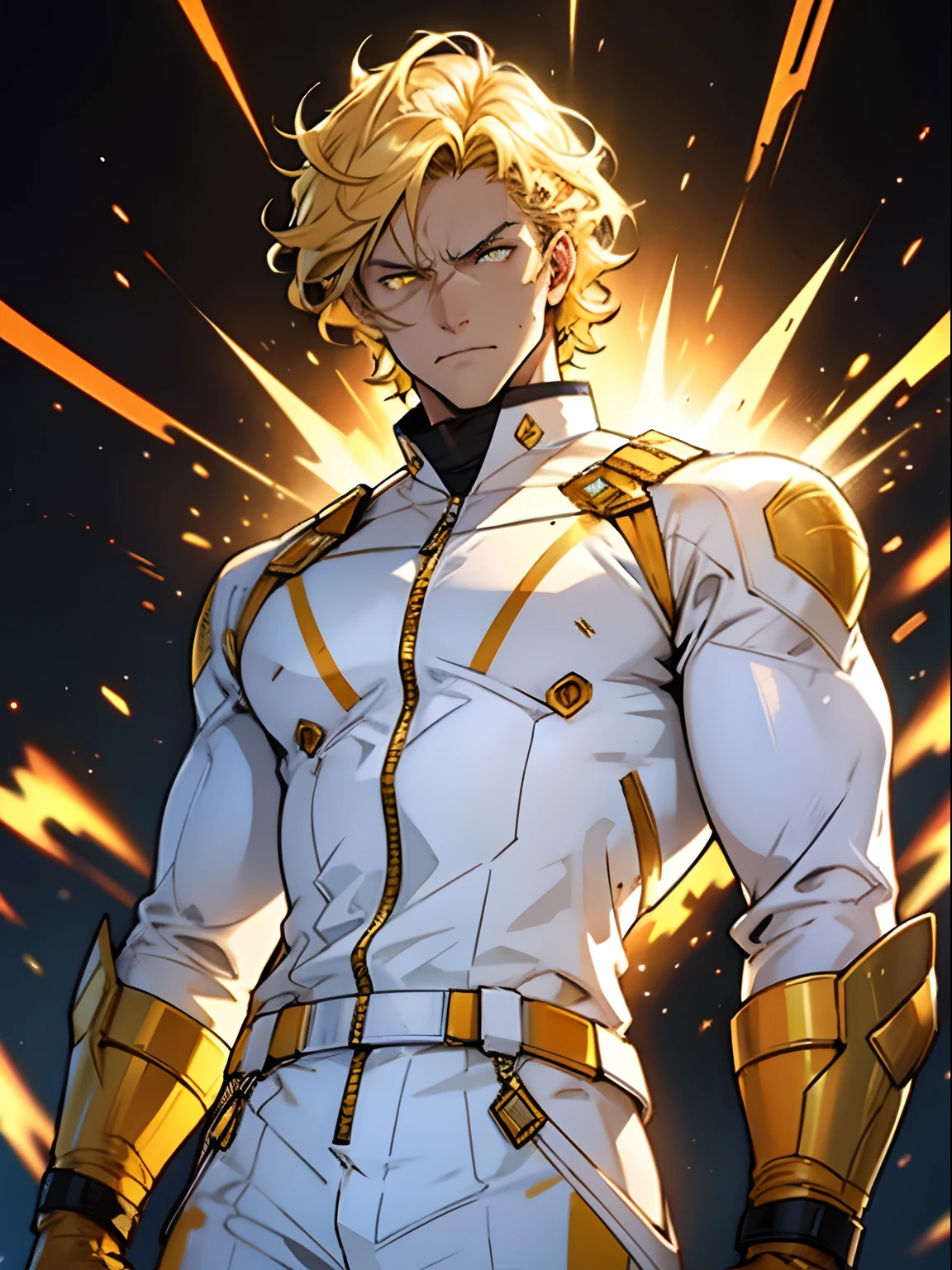 Tough guy. Guy blonde. short curly hair. Golden hair. Hair shines and shines. Shining Golden Hair. Futuristic white jumpsuit. Jumpsuit with gold elements. White Superhero Costume. Hero pose. explosions. An evil expression on his face. frowning face. furrowed brow. Golden eyebrows. Amber glowing eyes. Yellow eyes glow. The Evil Man. anger. Rage. Luminous sign on the chest.