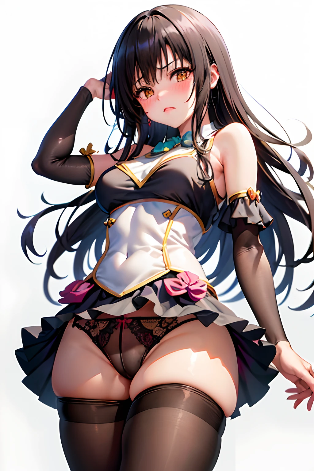 Best Quality, masutepiece, Portrait, , 1girl in, Kotegawa Yui, Black hair, Long hair, Long bangs, Brown eyes, medium udder, ((chies)), Looking at Viewer, embarassed expression,Photo from below、((Magical Warrior Costume))、((pantyhose))、((Show panties))、((a miniskirt))
