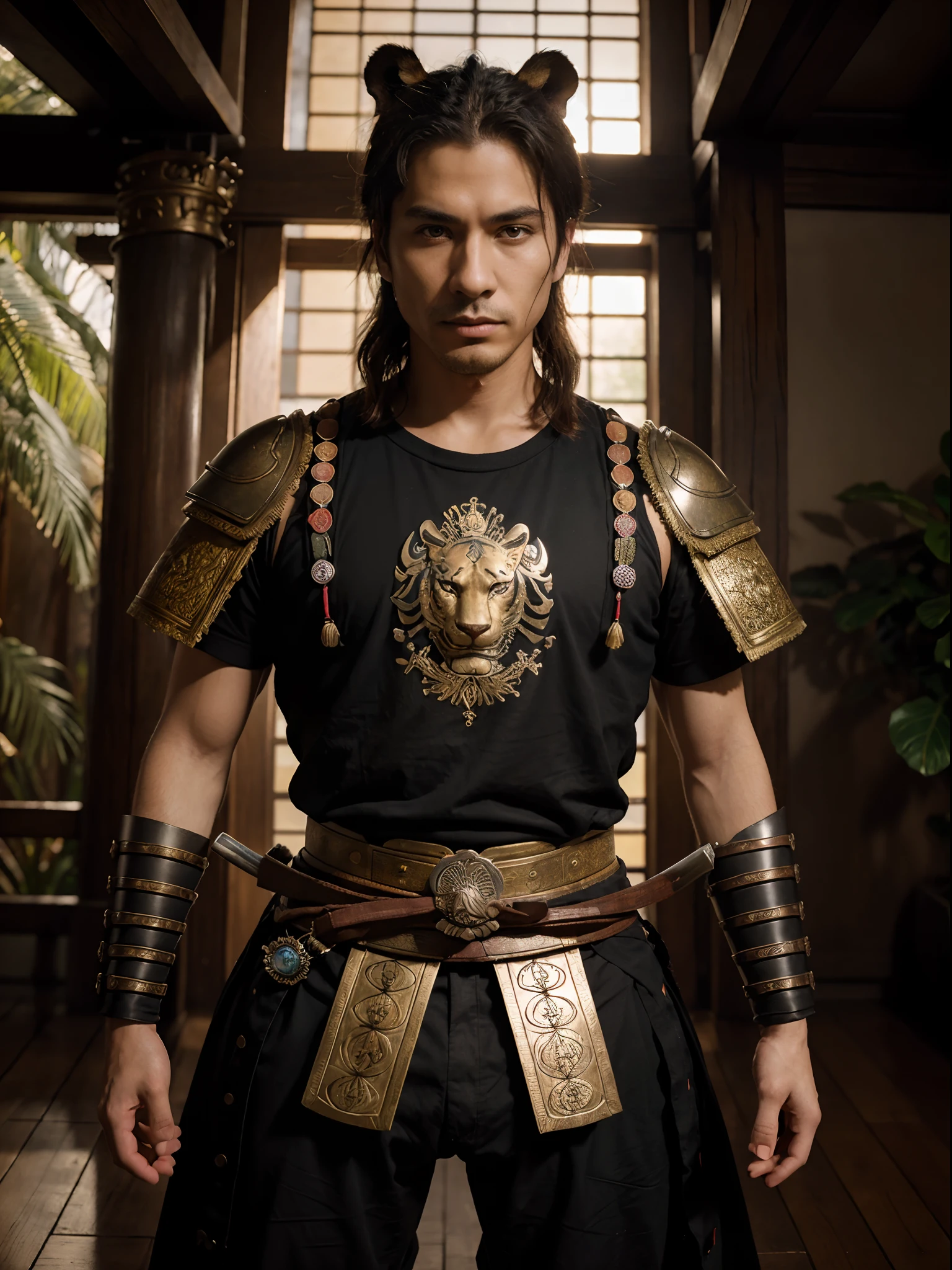 Craft a digital masterpiece (best_quality:1.4), an 8K half-body shot (half-body shot:1.5) of an ancient anthropomorphic tiger samurai adorned in mythical samurai armor. The samurai meditates in the surreal backdrop of the 'Pillars of Creation,' a dark galaxy (galaxia escuro) set against a deep black (preto profundo) cosmic canvas. As the sun sets, it casts a cinematic light over the scene. The samurai, in deep connection with the divine, contemplates in front of an enchanting, bokeh-filled temple surrounded by colorful, artistic wonders. The image seamlessly blends the talents of renowned artists like Drew Tucker, Adam Marczyński, Alexander Kucharsky, Gavin Nolan, Jason Felix, Yuri Shwedoff, and Tom Bagshaw, all in the beautiful and aesthetic style of Erik Johansson