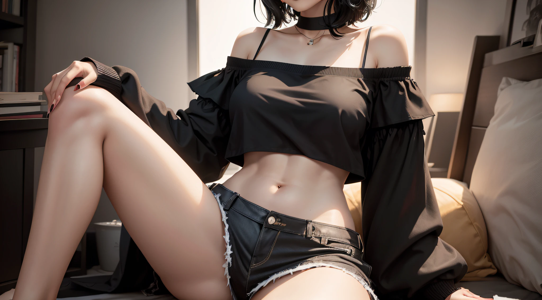 one-girl， Black color hair，off-the-shoulder shirts，Slender legs，exposing her chest，spread their legs