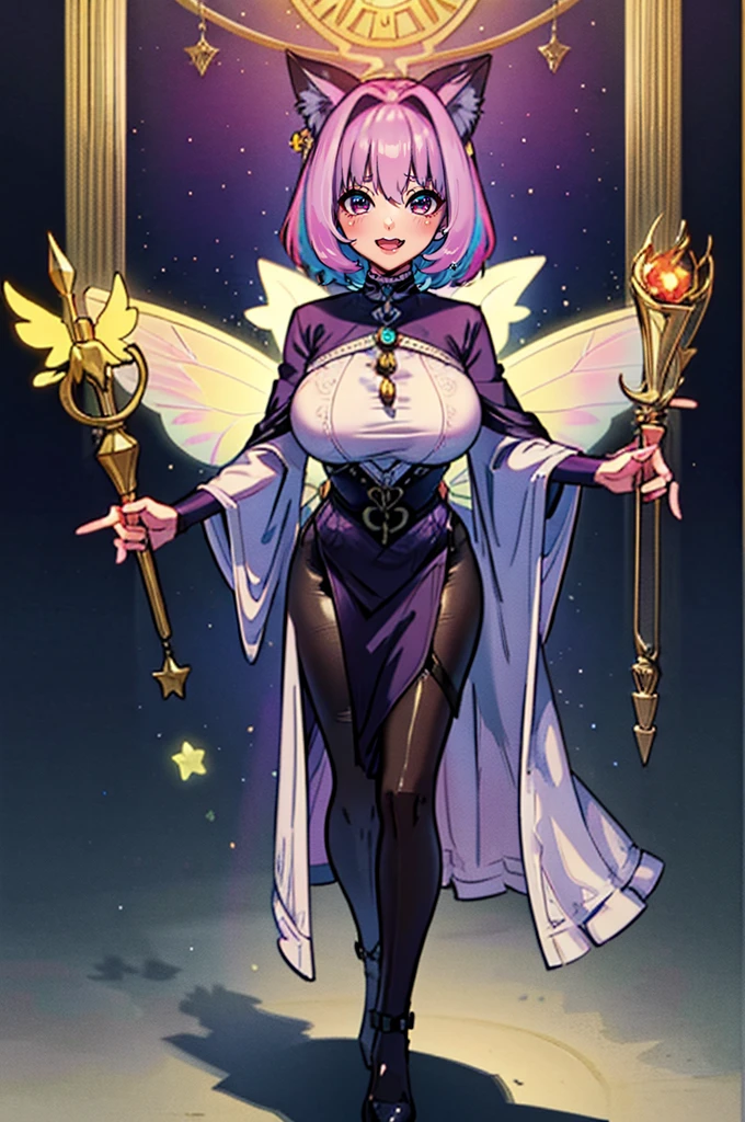 (best quality,masterpiece:1.2),intricate details,beautiful detailed eyes,beautiful detailed lips,extremely detailed eyes and face,longeyelashes,riamu, modeseven,super curvy,comic style,vibrant colors,standing,innocent, full body, standing, smile, princess dress, noble clothing,  magicalgirl, open mouth fang, holy haura, halo, smile, joyfull, paladin, staff holding, full body , boots, standing,cute,breast, curvy, female,fantasy goddess,there is a cartoon picture of a woman with a very large breast, glowing angelic being, glowing holy aura, inspired by Luma Rouge, the non-binary deity of spring, ethereal rainbow nimbus, the butterfly goddess of fire, inspired by Marie Angel, glowing aura around her, astral fairy, as the goddess of the sun, “uwu the prismatic person, big breast, happy, beautiful eyes, , full body, walking, long robe, long dre, catgirlss, nun, priestess ,holy, smile