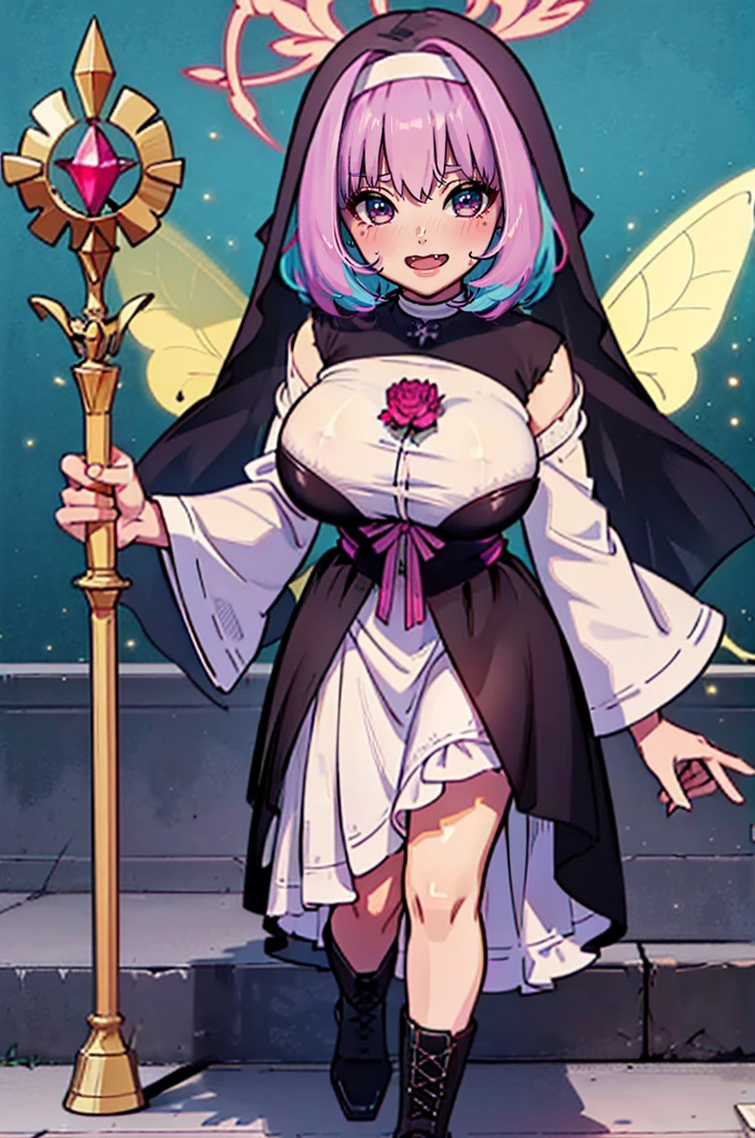 (best quality,masterpiece:1.2),intricate details,beautiful detailed eyes,beautiful detailed lips,extremely detailed eyes and face,longeyelashes,riamu, modeseven,super curvy,comic style,vibrant colors,standing,innocent, full body, standing, smile, princess dress, noble clothing, magicalgirl, open mouth fang, holy haura, halo, smile, joyfull, paladin, staff holding, full body , boots, standing,cute,breast, curvy, female,fantasy goddess,there is a cartoon picture of a woman with a very large breast, glowing angelic being, glowing holy aura, inspired by Luma Rouge, the non-binary deity of spring, ethereal rainbow nimbus, the butterfly goddess of fire, inspired by Marie Angel, glowing aura around her, astral fairy, as the goddess of the sun, “uwu the prismatic person, big breast, happy, beautiful eyes, , full body, walking, long robe, long dre, catgirlss, nun, priestess ,holy, smile