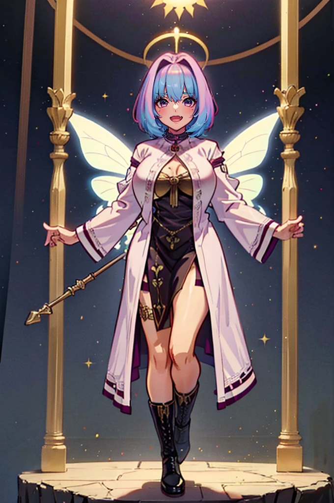(best quality,masterpiece:1.2),intricate details,beautiful detailed eyes,beautiful detailed lips,extremely detailed eyes and face,longeyelashes,riamu, modeseven,super curvy,comic style,vibrant colors,standing,innocent, full body, standing, smile, princess dress, noble clothing, magicalgirl, open mouth fang, holy haura, halo, smile, joyfull, paladin, staff holding, full body , boots, standing,cute,breast, curvy, female,fantasy goddess,there is a cartoon picture of a woman with a very large breast, glowing angelic being, glowing holy aura, inspired by Luma Rouge, the non-binary deity of spring, ethereal rainbow nimbus, the butterfly goddess of fire, inspired by Marie Angel, glowing aura around her, astral fairy, as the goddess of the sun, “uwu the prismatic person, big breast, happy, beautiful eyes, , full body, walking, long robe, long dre, catgirlss, nun, priestess ,holy, smile