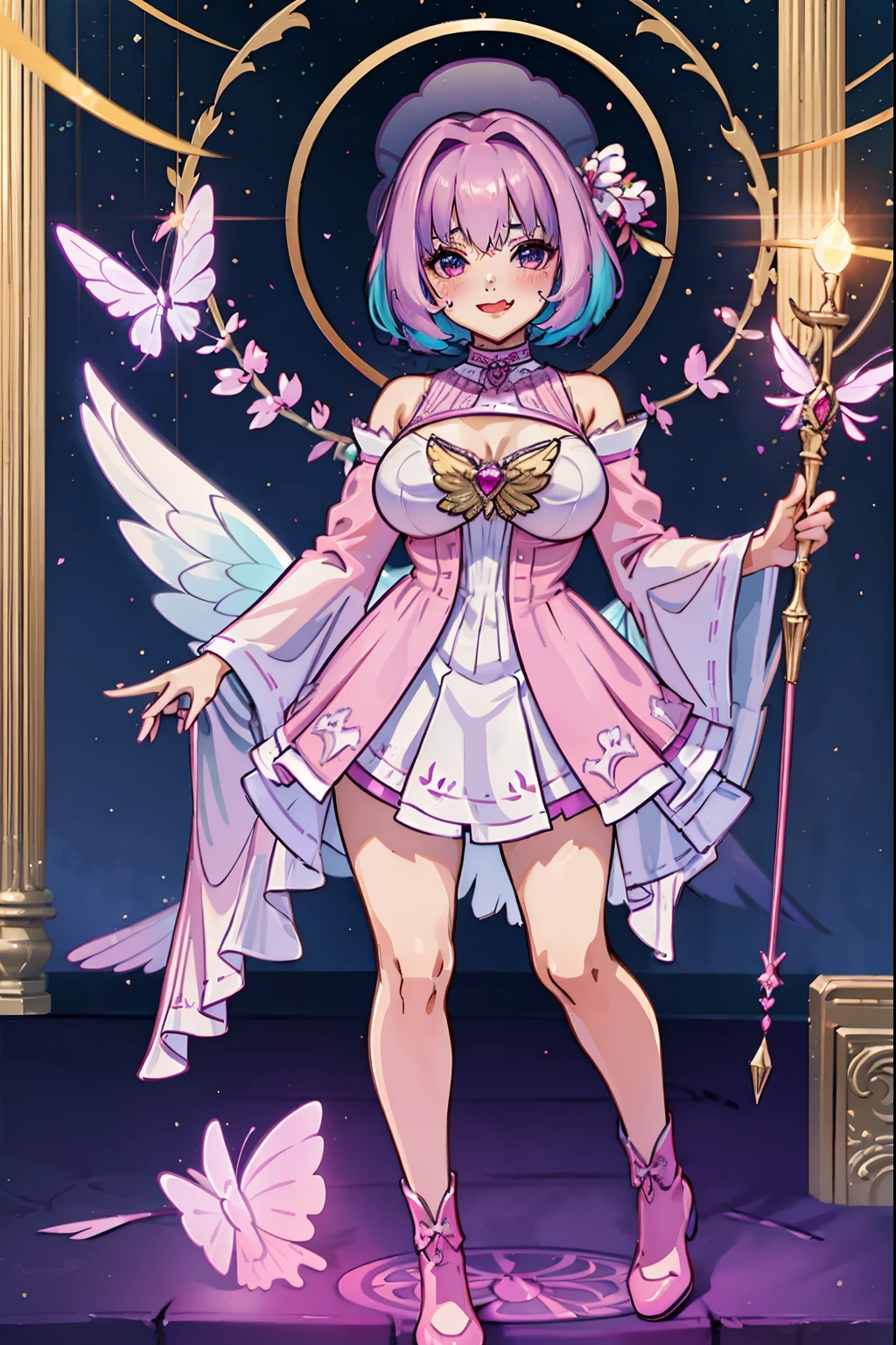 (best quality,masterpiece:1.2),intricate details,beautiful detailed eyes,beautiful detailed lips,extremely detailed eyes and face,longeyelashes,riamu, modeseven,super curvy,comic style,vibrant colors,standing,innocent, full body, standing, smile, princess dress, noble clothing, holy angel magicalgirl, open mouth fang, holy haura, halo, smile, joyfull, paladin, staff holding, full body , boots, standing,cute,breast, curvy, female,fantasy goddess,there is a cartoon picture of a woman with a very large breast, glowing angelic being, glowing holy aura, inspired by Luma Rouge, the non-binary deity of spring, ethereal rainbow nimbus, the butterfly goddess of fire, inspired by Marie Angel, glowing aura around her, astral fairy, as the goddess of the sun, “uwu the prismatic person, big breast, happy, beautiful eyes, , full body, walking, long robe, long dre, catgirlss, nun, priestess ,holy, smile