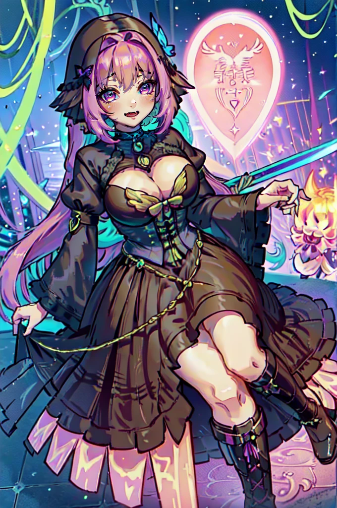 (best quality,masterpiece:1.2),intricate details,beautiful detailed eyes,beautiful detailed lips,extremely detailed eyes and face,longeyelashes,riamu, modeseven,super curvy,comic style,vibrant colors,standing,innocent, full body, standing, smile, princess dress, noble clothing, magicalgirl, open mouth fang, holy haura, halo, smile, joyfull, paladin, staff holding, full body , boots, standing,cute,breast, curvy, female,fantasy goddess,there is a cartoon picture of a woman with a very large breast, glowing angelic being, glowing holy aura, inspired by Luma Rouge, the non-binary deity of spring, ethereal rainbow nimbus, the butterfly goddess of fire, inspired by Marie Angel, glowing aura around her, astral fairy, as the goddess of the sun, “uwu the prismatic person, big breast, happy, beautiful eyes, , full body, walking, long robe, long dre, catgirlss, nun, priestess ,holy, smile