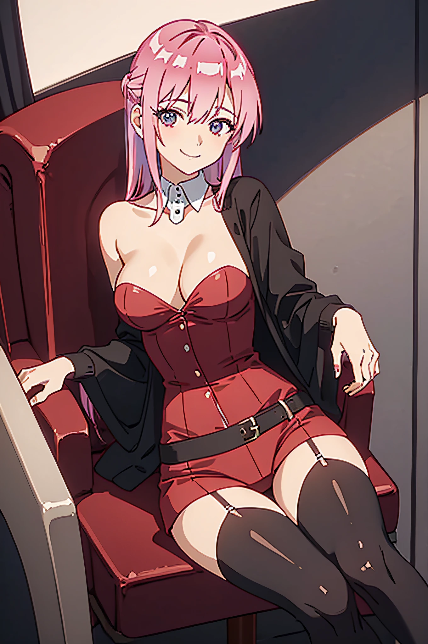 1girl, wearing a red lingerie, wearing a black stocking, seductive smile, sitting, high resolution, ultrasharp, 8K, masterpiece, looking at viewer
