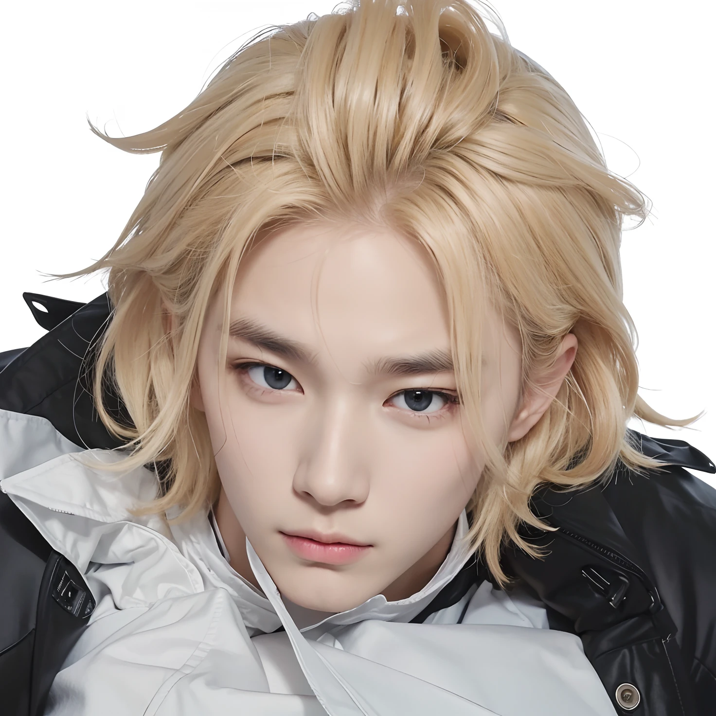 A man with realistic blonde hair, exactly the same hairstyle, realistic Korean Thai handsome face, realistic cool expression, realistic sharp gaze,Realistic white shirt black jacket, realistic light, realistic shadow, bell background