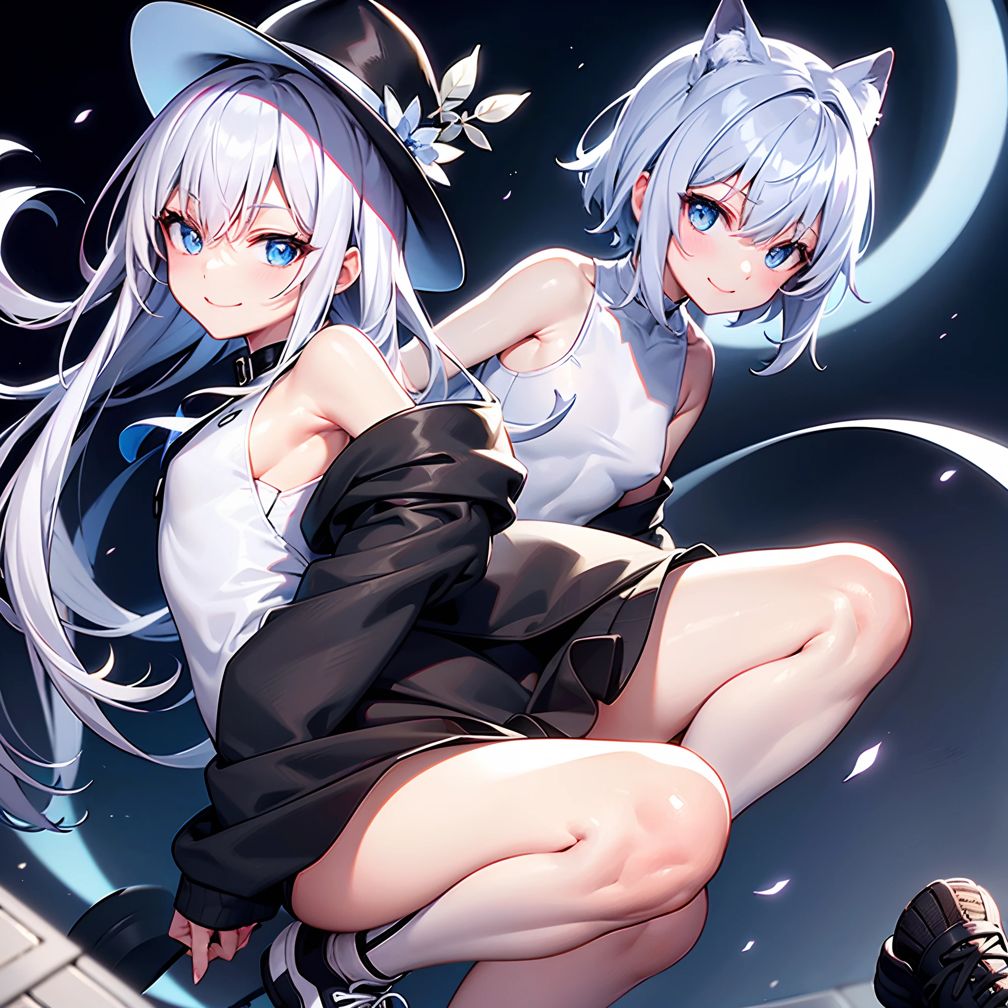 I am on the roof of a building where I can see the night view of Tokyo at midnight、White medium shorthair with blue-purple mesh、Looking at me with a smile、Black sneakers with white shoelaces、Large black witch hat with sapphire accessories、Blue eyes with highlights、Crisp and slightly pinched eyes、27-year-old woman with small breasts、small tits、Small、discreet breasts、Looking at me with a smile、Black long coat、Black Midi Skirt、White inner camisole、white t-shirt、hiquality、Fine writing、High Details