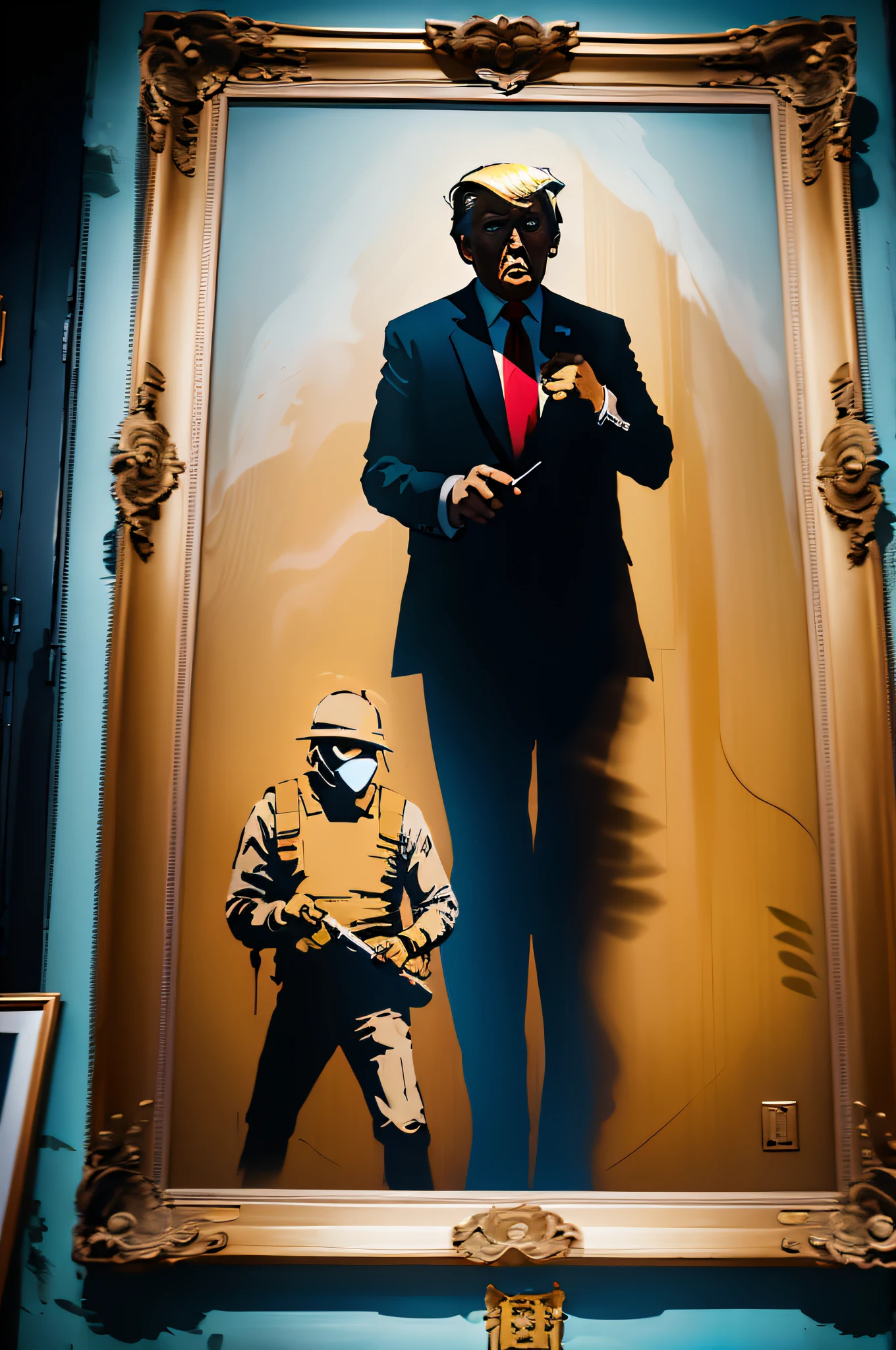 ((b4nksy artstyle)), donald trump hitting joe biden painting