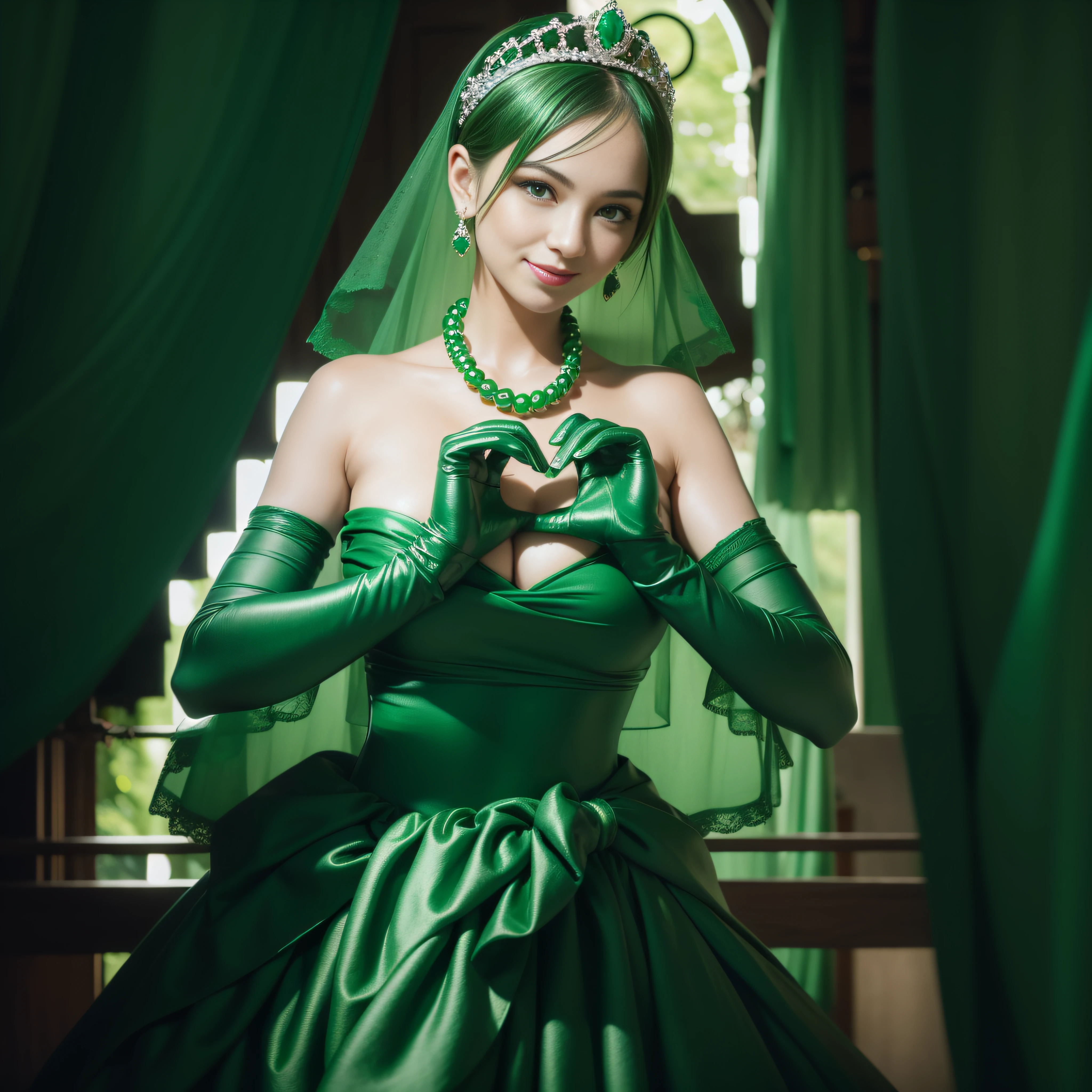 emerald tiara, Green Pearl Necklace, Boyish very short green hair, lipsticks, Japan woman smiling, very short short hair, big breasts beautiful, Green eyes, Long green gloves made of satin material, Green eyes, Emerald Earrings, green vale, Heart with both hands