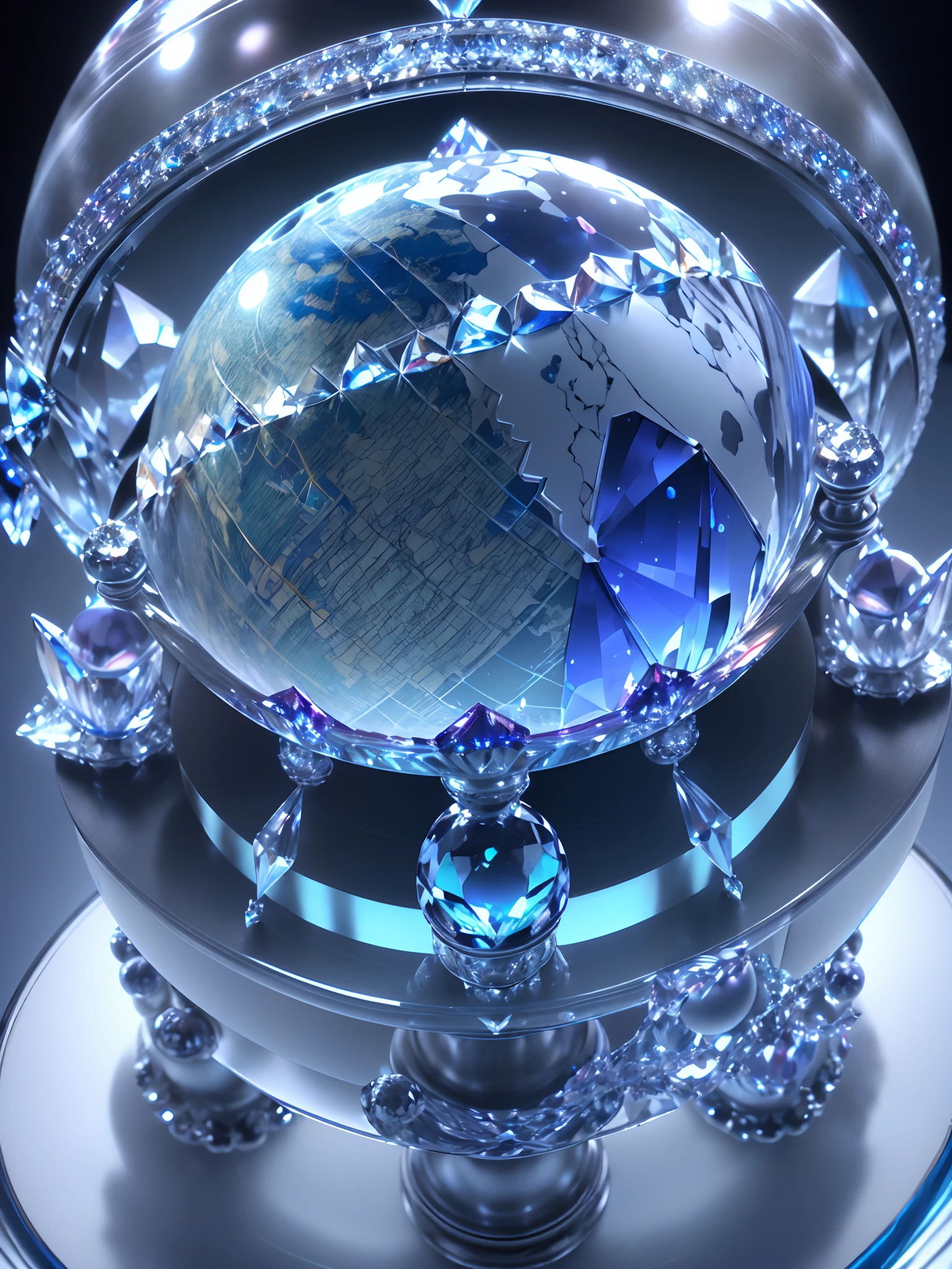 Hyper-realistic、16K High Resolution、(Maximum Sharp Focus:1.3)、(Maximum Close-up:1.5)、(Single crystal ball with pedestal on table:1.5)、(Large bokeh background、blue back light:1.3) 、(only one Crystal Globe、world map :1.5)