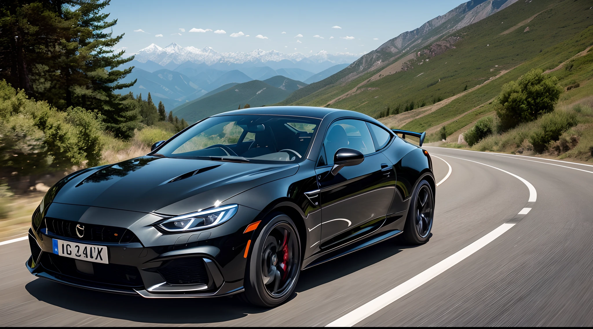"Describe a black sports car ascending a steep and winding mountain pass. This sleek and powerful car exudes an aura of speed and performance as it conquers the challenging terrain. The engine roars with raw power, echoing off the rugged cliffs, as the car effortlessly maneuvers the hairpin turns. The glossy black finish of the vehicle gleams in the sunlight, accentuating its aggressive and sporty design. The driver, fully immersed in the driving experience, can feel the G-forces as the car hugs the curves, and the adrenaline rush is palpable. As the car ascends the mountain, the scenery becomes more breathtaking with each turn, offering panoramic views of the surrounding landscape. This black sports car is the embodiment of both style and performance, and it dominates the mountain pass with confidence and precision." car black with stripes blue, blue stripes