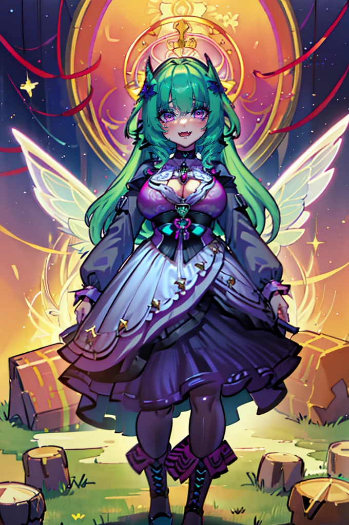 SeaArt Bot Upscaling Default 11:55:09 (best quality,masterpiece:1.2),intricate details,beautiful detailed eyes,beautiful detailed lips,extremely detailed eyes and face,longeyelashes,riamu, modeseven,super curvy,comic style,vibrant colors,standing,innocent, full body, standing, smile, princess dress, noble clothing, holy angel magicalgirl, open mouth fang, holy haura, halo, smile, joyfull, paladin, staff holding, full body , boots, standing,cute,breast, curvy, female,fantasy goddess,there is a cartoon picture of a woman with a very large breast, glowing angelic being, glowing holy aura, inspired by Luma Rouge, the non-binary deity of spring, ethereal rainbow nimbus, the butterfly goddess of fire, inspired by Marie Angel, glowing aura around her, astral fairy, as the goddess of the sun, “uwu the prismatic person, big breast, happy, beautiful eyes, , full body, walking, long robe, long dre, catgirlss,priestess ,holy, smile