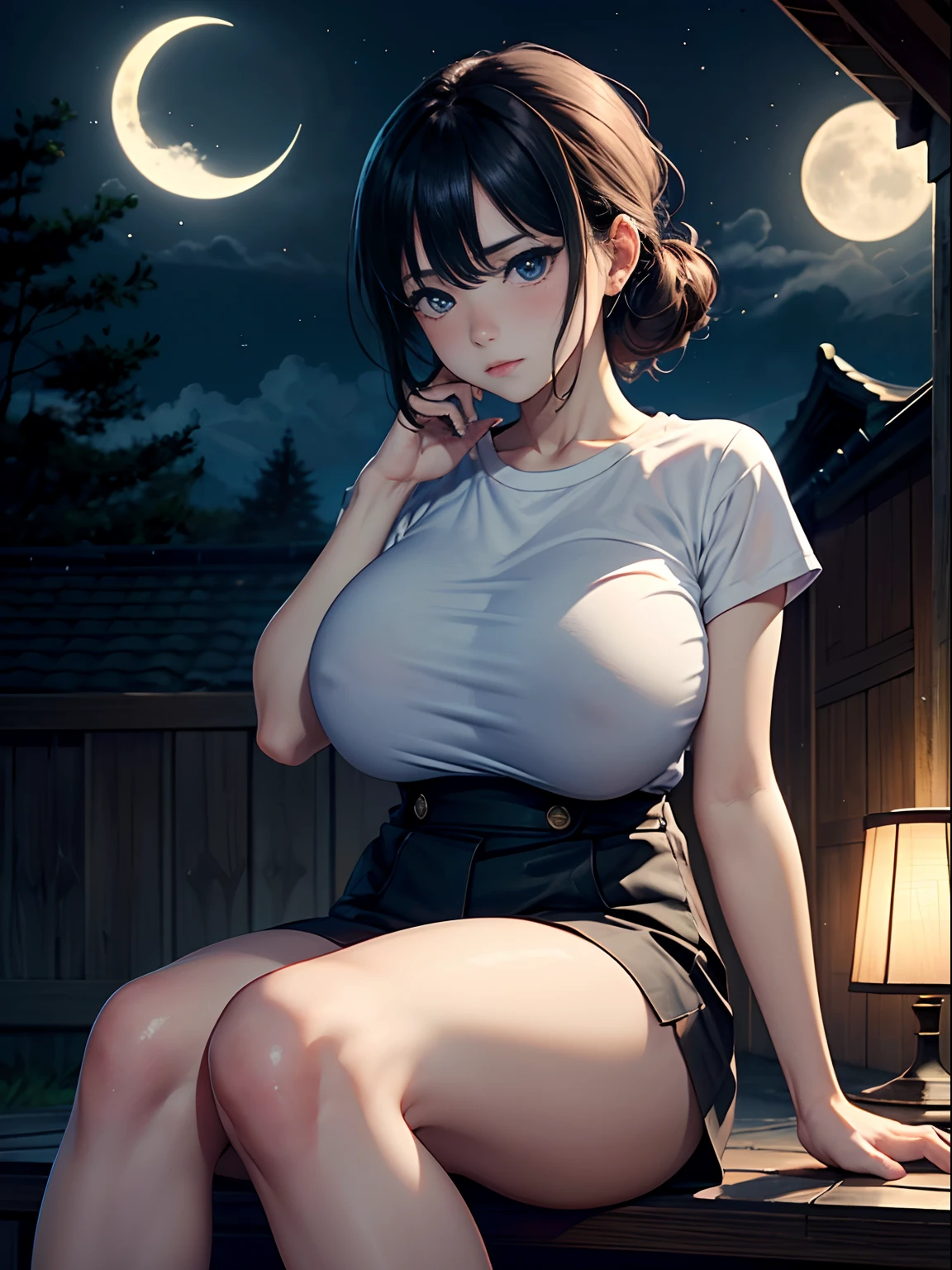 a 20 yo woman、(​masterpiece:1.4)、(in 8K、realisitic、Raw photo、top-quality:1.4)、(Real Face:1.4)、(real looking skin:1.3)、超A high resolution、A hyper-realistic、Eyes in Beautiful Details、A dark-haired、耳环、Gray T-shirt、(huge-breasted:1.5)、gargantilha、Blushing、alluring face、troubled look、a moon、Sit on the roof、Tsukimi、Looking at the moon