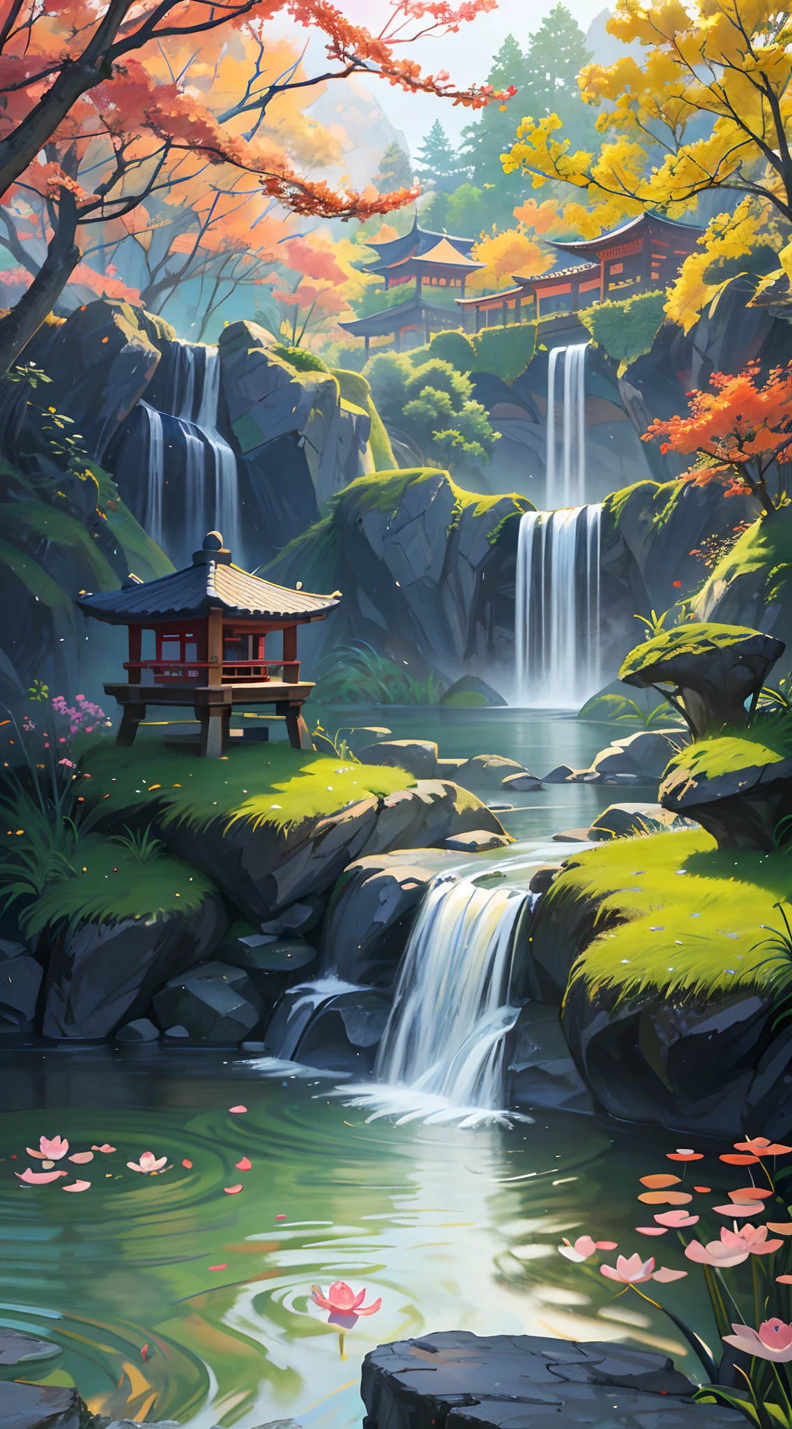 Ancient Chinese architecture, autumn, bamboo, lake, stone bridge, rockery, arch, corner, tree, tap water, landscape, waterfall, meadow, rock, water lily, hot springs, water vapor, (illustration: 1.0), epic composition, realistic lighting, high-definition detail, masterpiece, best quality, (very detailed CG unified 8k wallpaper)