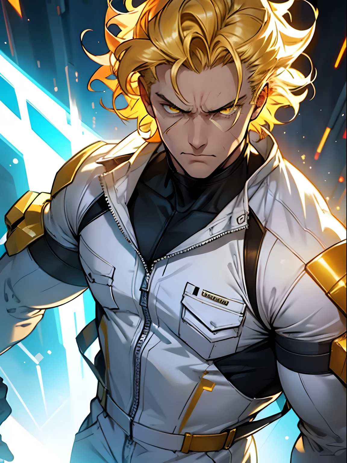 Tough guy. Guy blonde. short curly hair. Golden hair. Hair shines and shines. Shining Golden Hair. Futuristic white jumpsuit. Jumpsuit with gold elements. White Superhero Costume. Hero pose. explosions. An evil expression on his face. frowning face. furrowed brow. Golden eyebrows. Amber glowing eyes. Yellow eyes glow. The Evil Man. anger. Rage. Luminous sign on the chest.. An evil expression on his face. The guy is furious. Short curly golden hair. Beautiful facial features. Tough guy. White futuristic jumpsuit