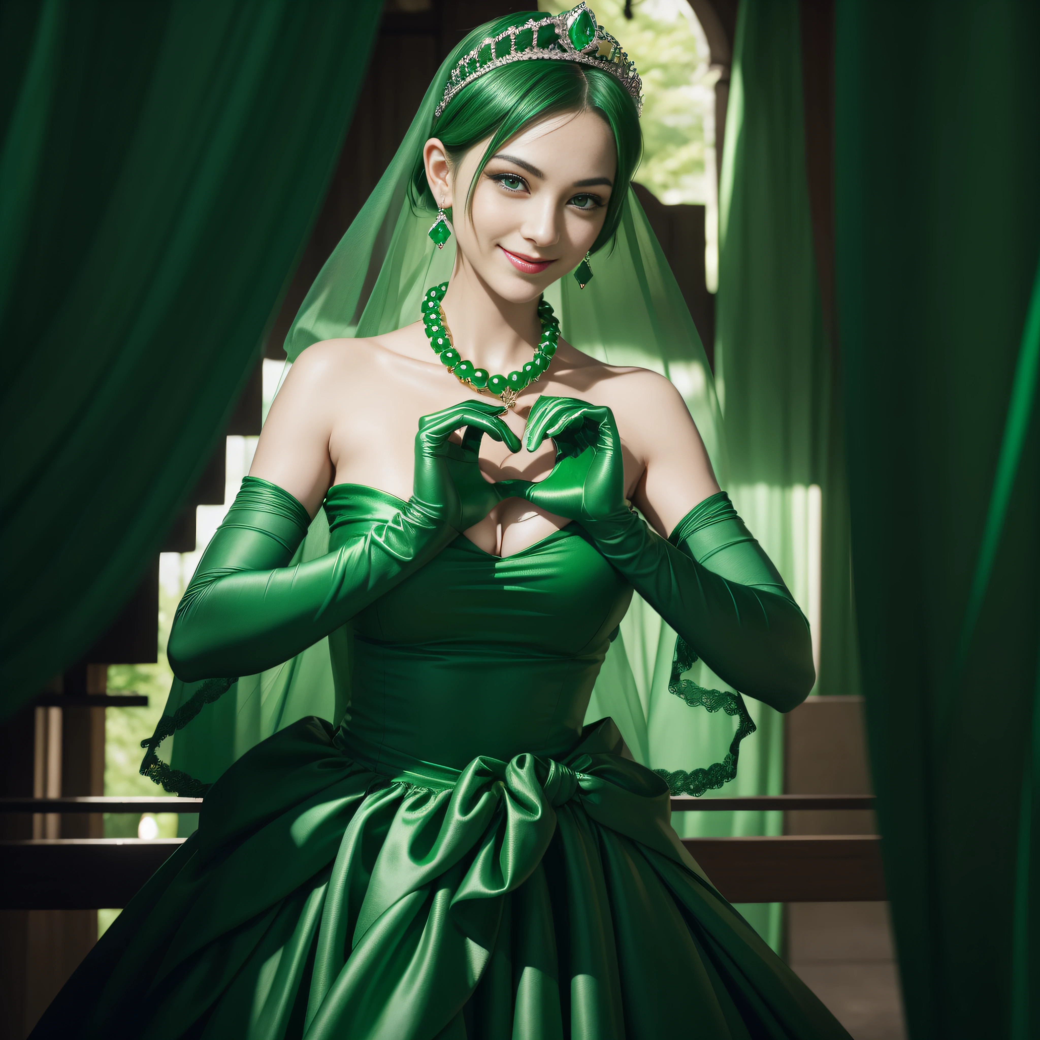 emerald tiara, Green Pearl Necklace, Boyish very short green hair, lipsticks, Japan woman smiling, very short short hair,  big breasts beautiful, Green eyes, Long green gloves made of satin material, Green eyes, Emerald Earrings, green vale, Heart with both hands