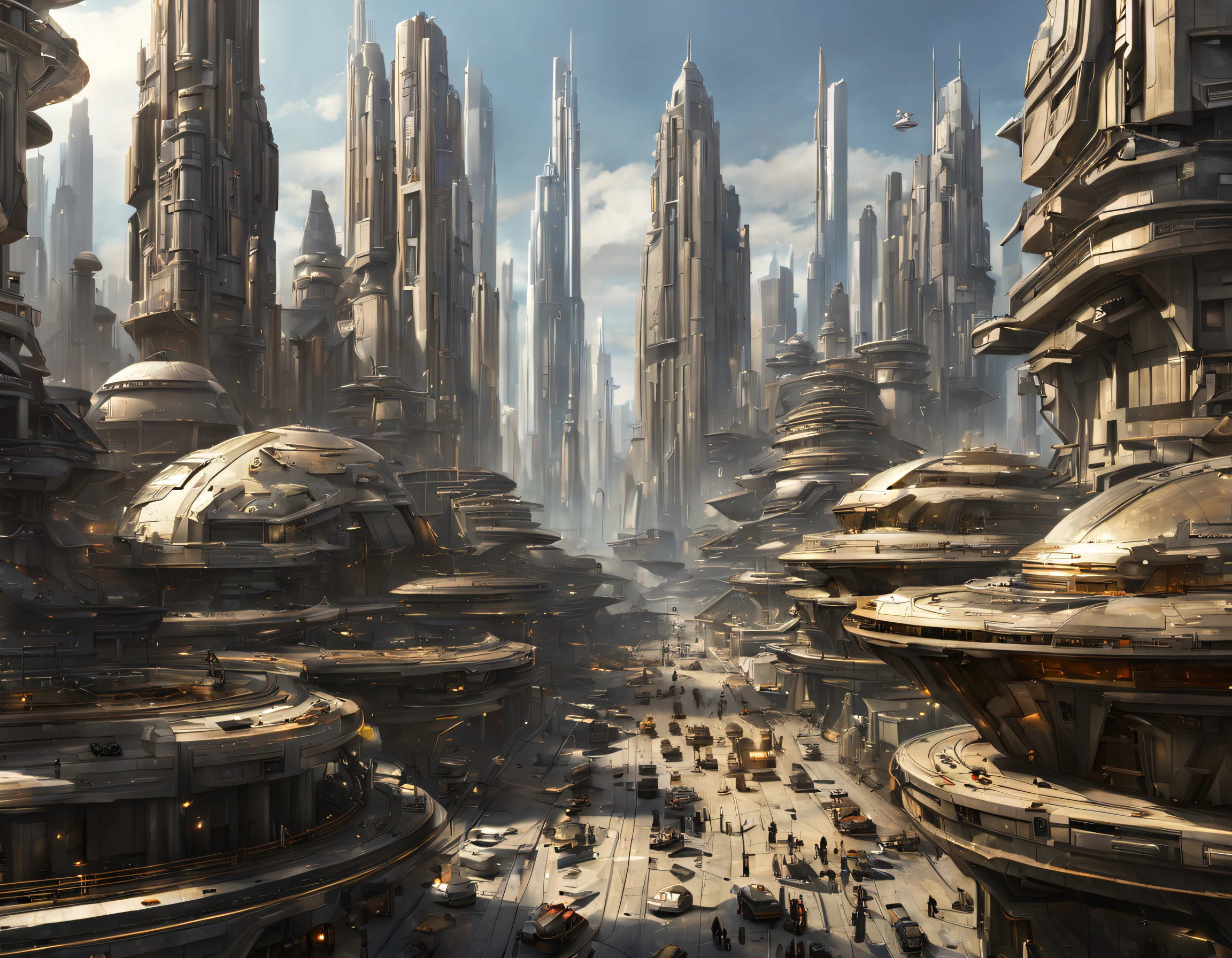 The city of Coruscant from Star Wars as designed by Doug Chiang, futuristic fantasy city with immense buildings of technological design (que forman una avenida infinita), edificios compactor no difuminados, con estructuras acristaladas en plata, oro y bronce espectaculares, (con colores vivos). pavimento ensolado (sin brillo). gente paseando. imagen bien definida con muchos edificios juntos. imagen nitida bien definida 8k. los edificios llegan alta el fondo.,8k. imagen cinematografica.