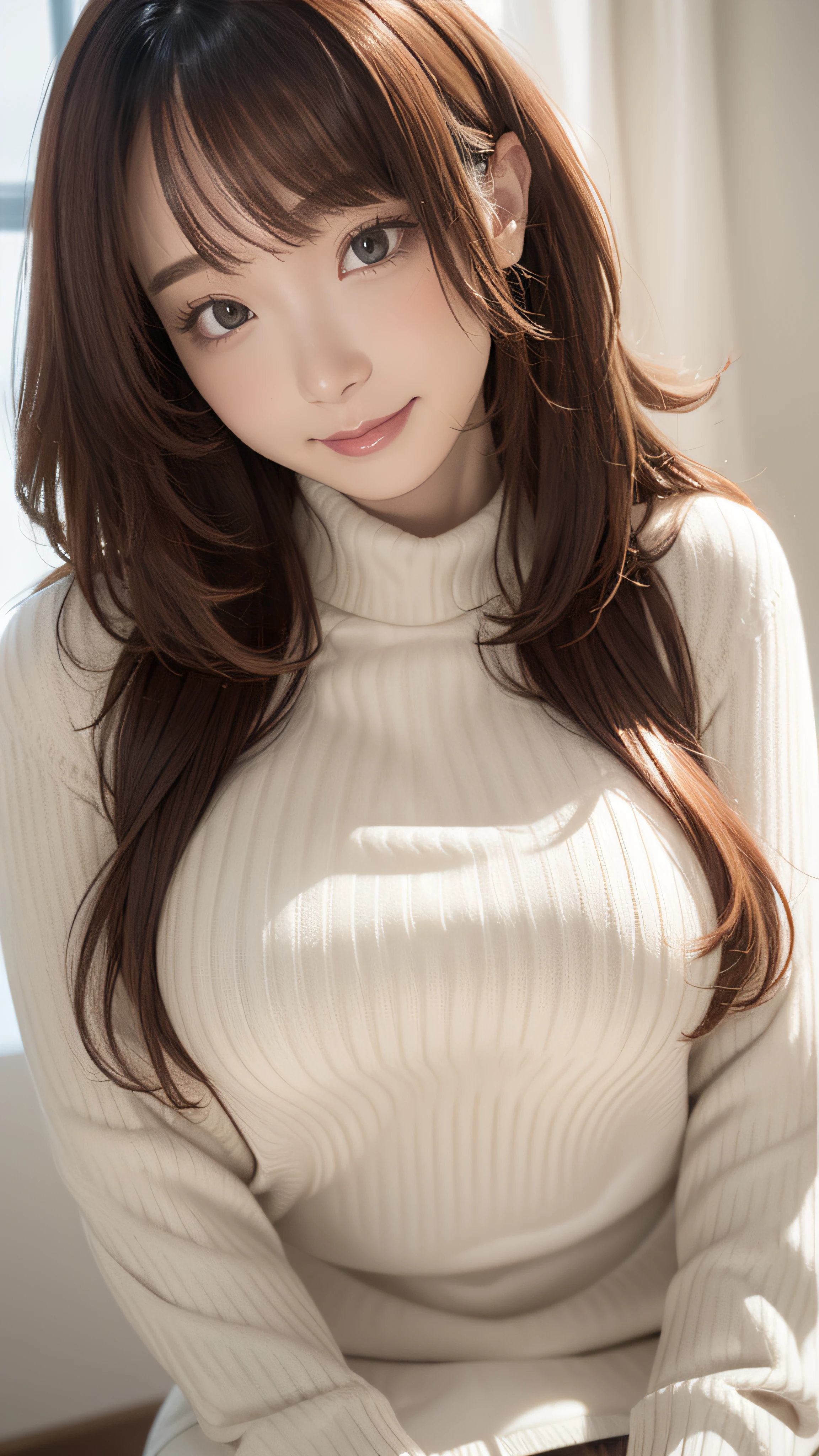 (1girl,(ultra detailed skin),beautiful breasts,large breasts,pale skin,pointy breasts,erect nipples),(Hyperrealist,(8k),ultra-realistic,high detail,high resolution,best quality,masterpiece,Sense of presence,Dynamic,bold),(thin hair:2),(soft hair:2),(straight hair]1.5),Swept long bangs,extra light coppery amber hair,hair over one eye,(clothed:1.5,sweater:1.5),Have fun