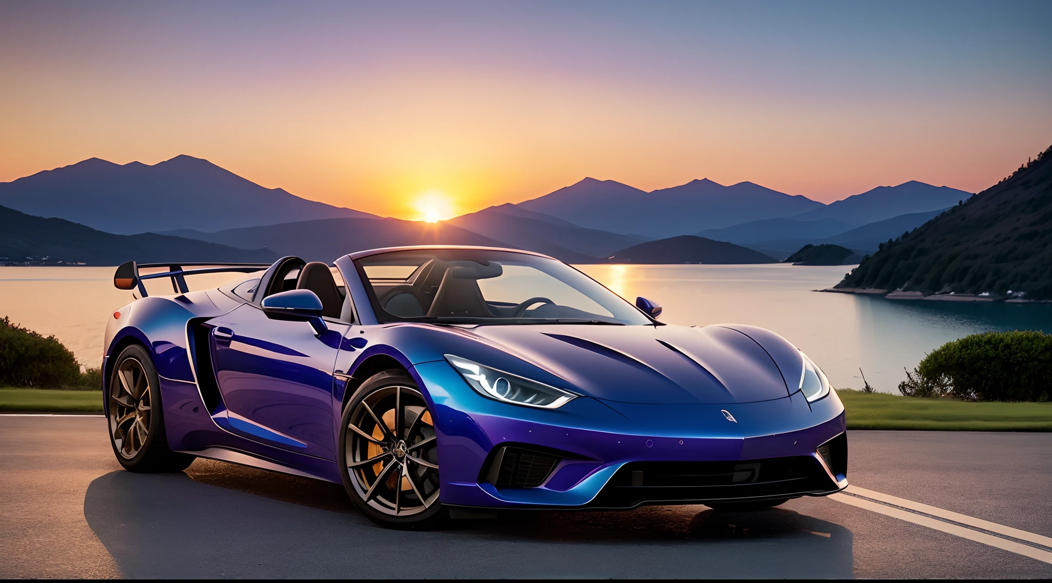 "Generate an image of a metallic blue sports car parked in a breathtakingly beautiful setting during a mesmerizing sunset. The car's sleek design and metallic blue finish glisten in the soft, warm light of the setting sun. It is positioned on the edge of a pristine, serene landscape with rolling hills, a calm lake, and a sky painted in hues of orange, pink, and purple. The sun, in its final moments above the horizon, casts a golden glow on everything, creating a scene of pure enchantment. The reflection of the car's glossy surface mirrors the captivating colors of the sky, and the whole scene exudes a sense of tranquility and wonder. The combination of the elegant sports car, the picturesque environment, and the ethereal sunset makes for an image that is beyond words in its sheer beauty."