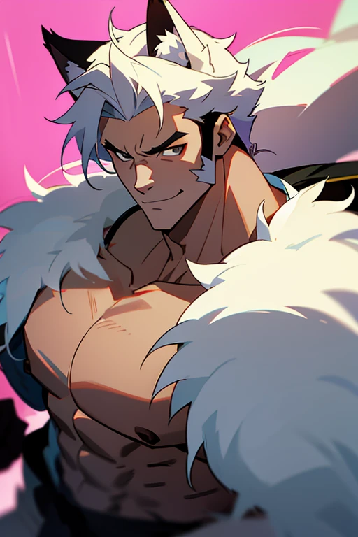 anime guy with a cat ears and headphones on, a character portrait by Shitao, pixiv, fluffy chest, super buff and cool, muscular werewolf, furry chest, makoto, badass anime 8 k, muscular!!, showing off his muscles, male anime character, anime handsome man, muscular character, handsome anime pose, muscular! , big smile, white hair, large pecs!!!, !!!,