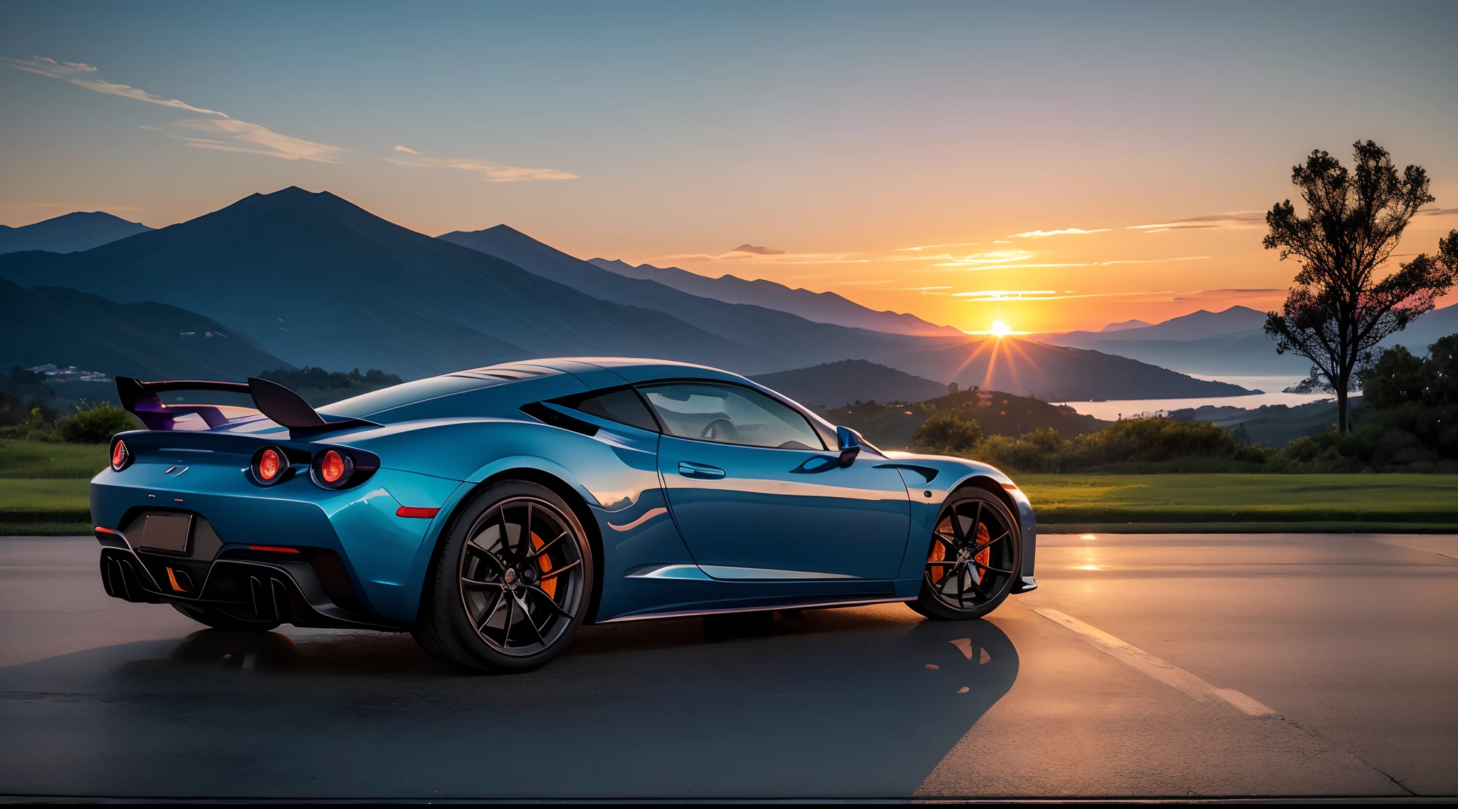 "Generate an image of a metallic blue sports car parked in a breathtakingly beautiful setting during a mesmerizing sunset. The car's sleek design and metallic blue finish glisten in the soft, warm light of the setting sun. It is positioned on the edge of a pristine, serene landscape with rolling hills, a calm lake, and a sky painted in hues of orange, pink, and purple. The sun, in its final moments above the horizon, casts a golden glow on everything, creating a scene of pure enchantment. The reflection of the car's glossy surface mirrors the captivating colors of the sky, and the whole scene exudes a sense of tranquility and wonder. The combination of the elegant sports car, the picturesque environment, and the ethereal sunset makes for an image that is beyond words in its sheer beauty."