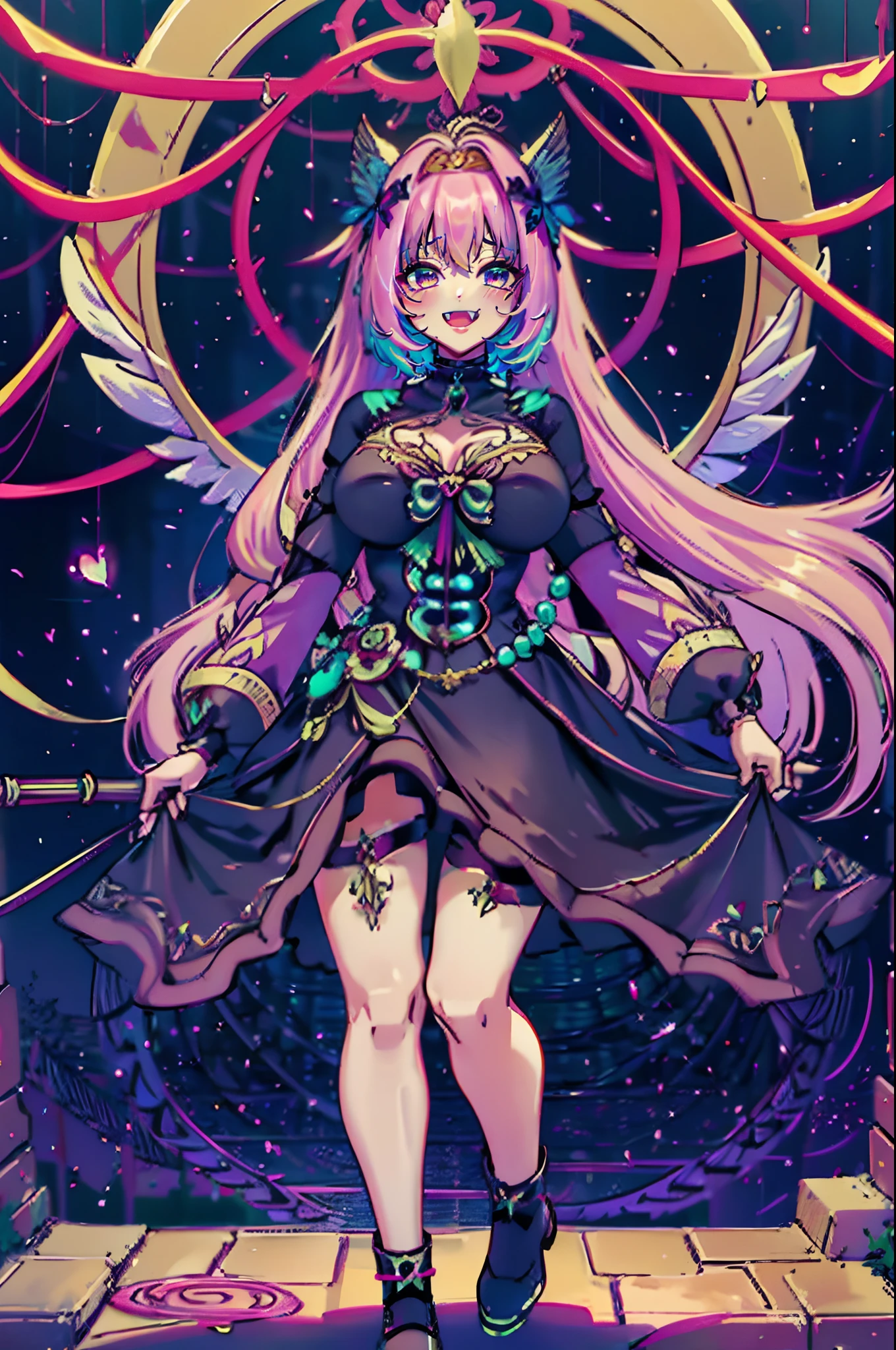 (best quality,masterpiece:1.2),intricate details,beautiful detailed eyes,beautiful detailed lips,extremely detailed eyes and face,longeyelashes,riamu, modeseven,super curvy,comic style,vibrant colors,standing,innocent, full body, standing, smile, princess dress, noble clothing, magicalgirl, open mouth fang, holy haura, halo, smile, joyfull, paladin, staff holding, full body , boots, standing,cute,breast, curvy, female,fantasy goddess,there is a cartoon picture of a woman with a very large breast, glowing angelic being, glowing holy aura, inspired by Luma Rouge, the non-binary deity of spring, ethereal rainbow nimbus, the butterfly goddess of fire, inspired by Marie Angel, glowing aura around her, astral fairy, as the goddess of the sun, “uwu the prismatic person, big breast, happy, beautiful eyes, , full body, walking, long robe, long dre, catgirlss, nun, priestess ,holy, smile, standing,