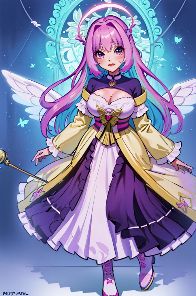 SeaArt Bot Upscaling Default 11:55:09 (best quality,masterpiece:1.2),intricate details,beautiful detailed eyes,beautiful detailed lips,extremely detailed eyes and face,longeyelashes,riamu, modeseven,super curvy,comic style,vibrant colors,standing,innocent, full body, standing, smile, princess dress, noble clothing, holy angel magicalgirl, open mouth fang, holy haura, halo, smile, joyfull, paladin, staff holding, full body , boots, standing,cute,breast, curvy, female,fantasy goddess,there is a cartoon picture of a woman with a very large breast, glowing angelic being, glowing holy aura, inspired by Luma Rouge, the non-binary deity of spring, ethereal rainbow nimbus, the butterfly goddess of fire, inspired by Marie Angel, glowing aura around her, astral fairy, as the goddess of the sun, “uwu the prismatic person, big breast, happy, beautiful eyes, , full body, walking, long robe, long dress, ,priestess ,holy, smile