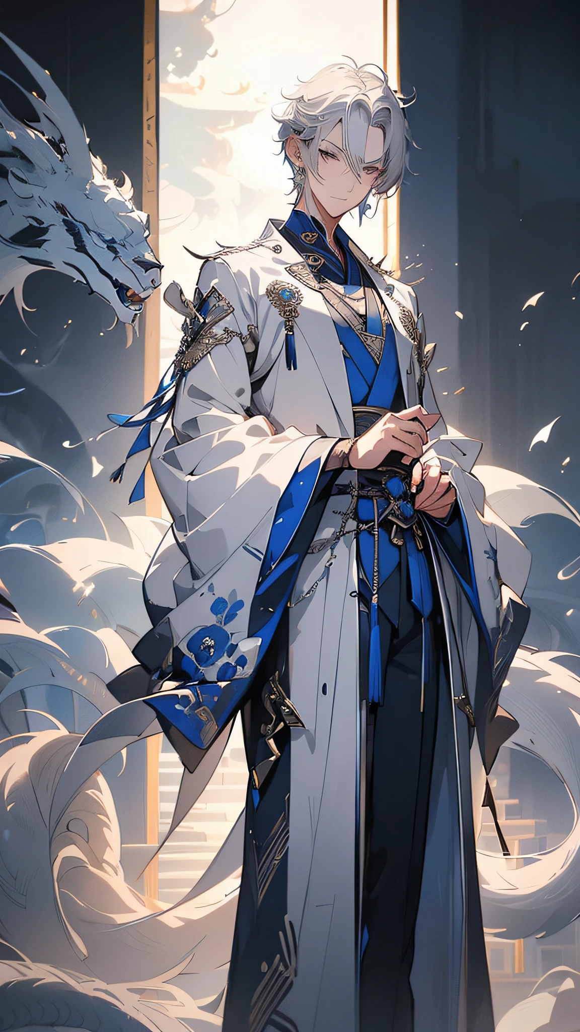 (1 boy:1.2), (Silver hair:1.5), (full bodyesbian:1.5), standing on your feet, (Fine eyes), Meticulous face, Dreamy style, Ancient Chinese men's hairstyles, Chinese_Hanfu, Taoist robes, Blue and white clothes, Gorgeous robes, Towards boots, Digital artwork, white backgrounid, Simple background, Gentle expression, short hair, bead necklace, jitome, happy, short hair, high ponytail, Sideways, high detail, Romanticism, Contemporary art, anime style, character chart, best quality, high details, textured skin, 8k