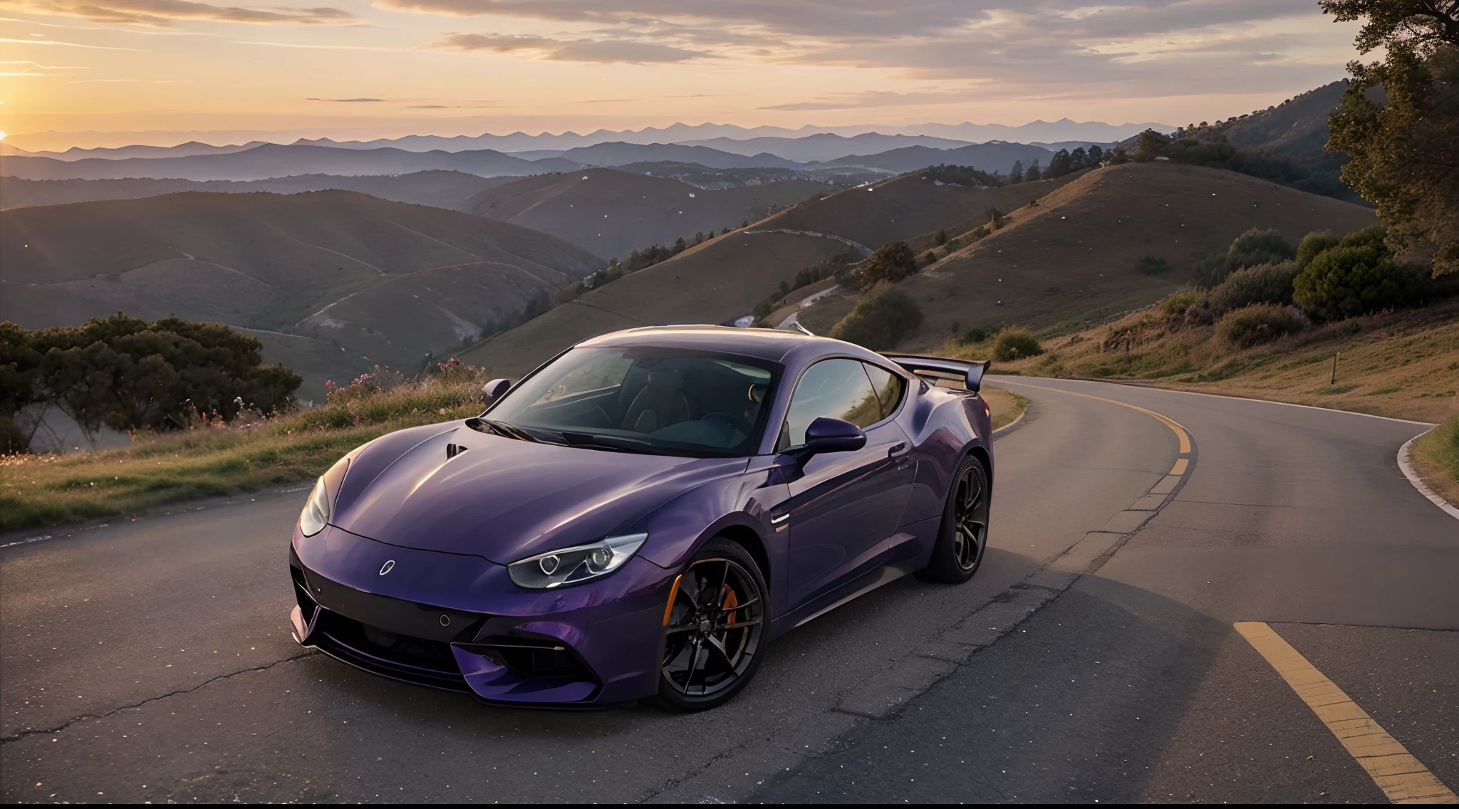 "Generate an image of a metallic blue sports car parked in a breathtakingly beautiful setting during a mesmerizing sunset. The car's sleek design and metallic blue finish glisten in the soft, warm light of the setting sun. It is positioned on the edge of a pristine, serene landscape with rolling hills, a calm lake, and a sky painted in hues of orange, pink, and purple. The sun, in its final moments above the horizon, casts a golden glow on everything, creating a scene of pure enchantment. The reflection of the car's glossy surface mirrors the captivating colors of the sky, and the whole scene exudes a sense of tranquility and wonder. The combination of the elegant sports car, the picturesque environment, and the ethereal sunset makes for an image that is beyond words in its sheer beauty."