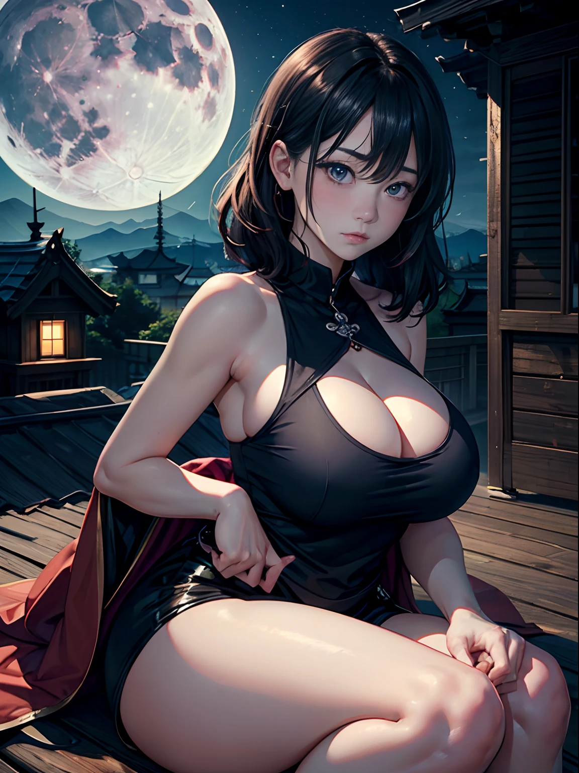 a 20 yo woman、(masterpiece:1.4)、(in 8K、realisitic、Raw photo、top-quality:1.4)、(Real Face:1.4)、(real looking skin:1.3)、超A high resolution、A hyper-realistic、Eyes in Beautiful Details、A dark-haired、耳环、Gray T-shirt、(huge-breasted:1.5)、gargantilha、Blushing、alluring face、troubled look、a moon、Sit on the roof、Tsukimi、Looking at the moon